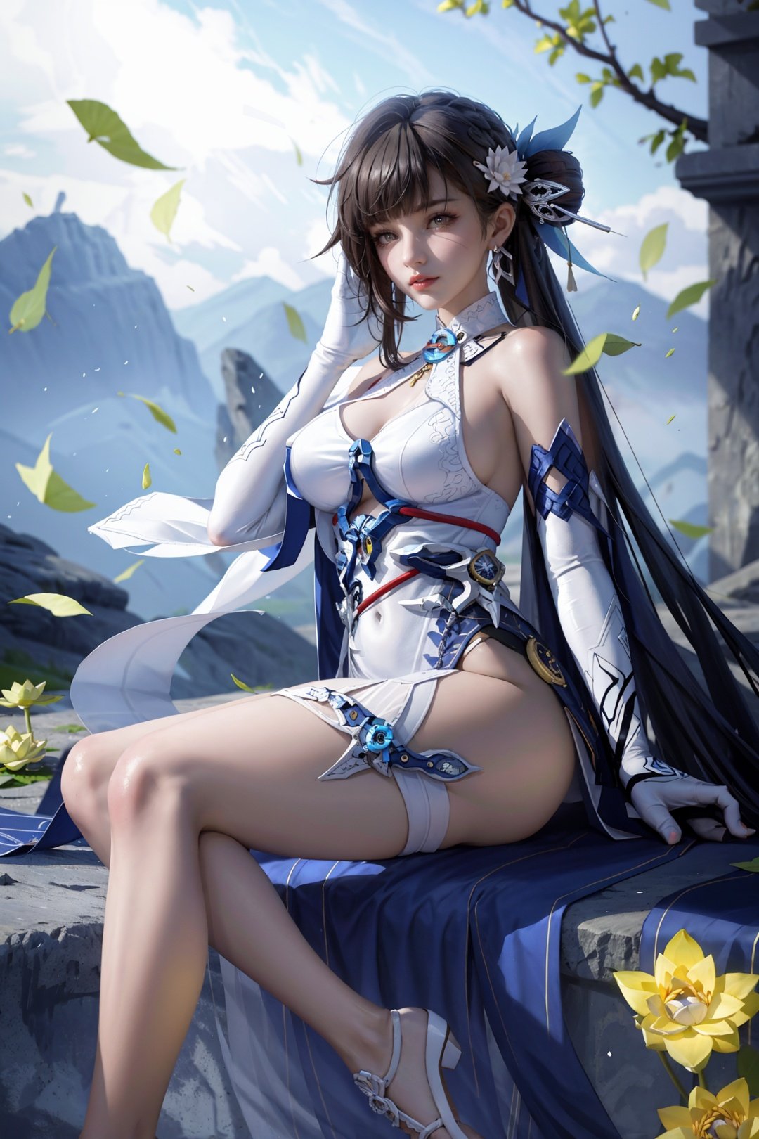 realistic,sushangb3, white-blue dress, white gloves, thigh strap,high heels, large breasts, very long hair,blue hair ornament,two legs,sitting,
masterpiece,Ancient Chinese beauty sitting on stone,wearing ancient Chinese clothing,flowing tulle,light silk,lazy pose,large lotus leaves,lotus flowers,ink painting style,clean colors,decisive cutting,white space,freehand,masterpiece,super detailed,epic composition,high quality,highest quality,2.5D,1girl,Imminentpenetration,sushangb3,sushanglf