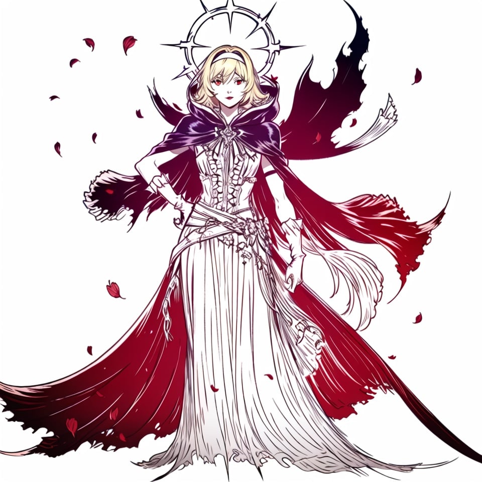 (best quality), ((masterpiece)), (highers), original, extremely detailed CG unity 8k wallpaper,white background,monochrome, 1girl, solo, medium hair, blonde hair, gloves, hairband, dress, red eyes, very long hair, white gloves, petals, hand on hip, looking at viewer, frills, layered dress, cape, cloak, torn clothes, standing, hood, lips <lora:Final_Fantasy_Logo_style:1>