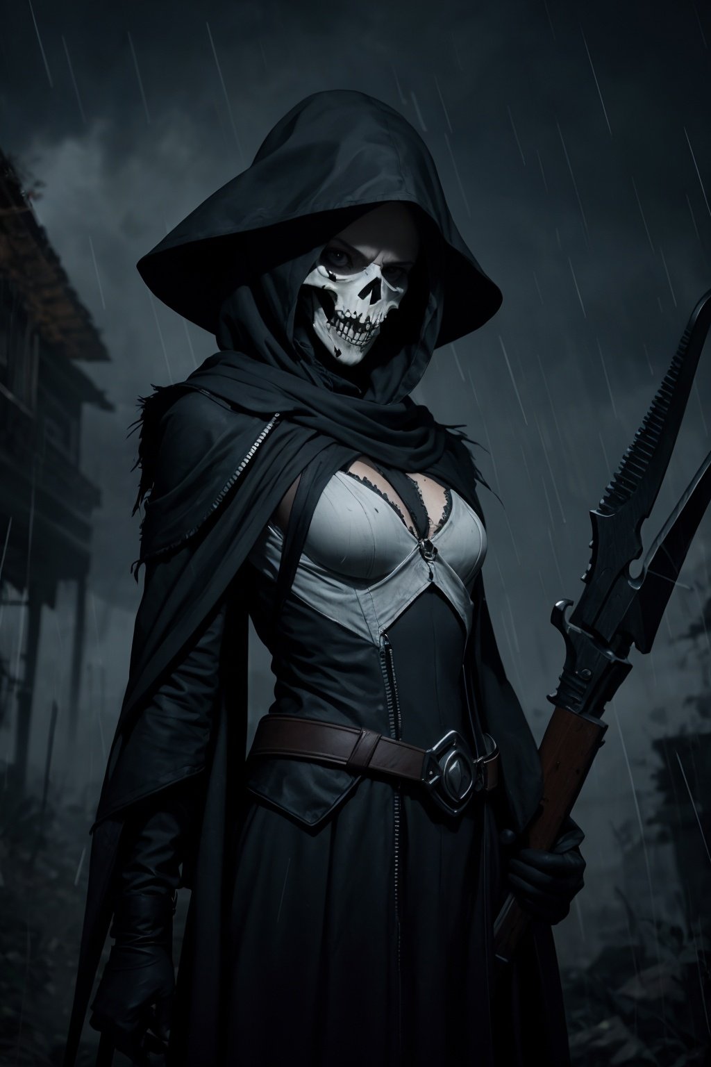 rain,death,1girl,reaper,weapon,night