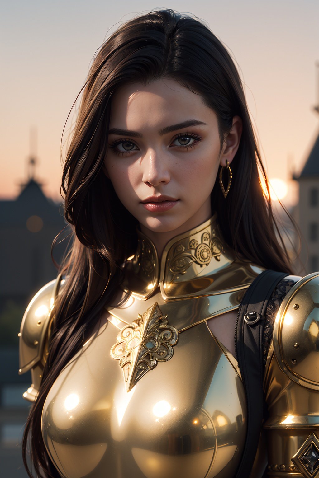 Portrait of a girl, the most beautiful in the world, (medieval gold shining armor), gold metal reflections, upper body, outdoors, intense sunlight, far away castle, professional photograph of a stunning woman detailed, perfect bobbed sexy intense black hair, sharp focus, dramatic, award winning, cinematic lighting, volumetrics dtx, (film grain, blurry background, blurry foreground, bokeh, depth of field, sunset,interaction, Perfect gold chainmail), (masterpiece), (extremely intricate:1.3), (realistic),