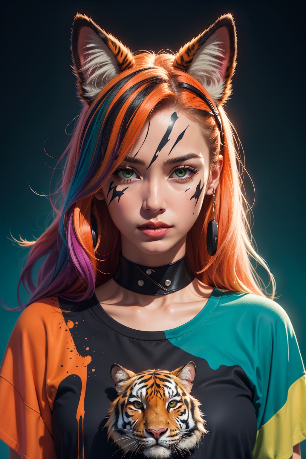 (masterpiece:1.1), (highest quality:1.1), (HDR:1.0), extreme quality, cg, (negative space), detailed face+eyes, 1girl, fox ears, animal ear fluff, (plants:1.18), (fractal art), (bright colors), splashes of color background, colors mashing, paint splatter, complimentary colors, neon, (thunder tiger), compassionate, electric, limited palette, synthwave, fine art, tan skin, upper body, (green and orange:1.2), time stop, sy3, SMM