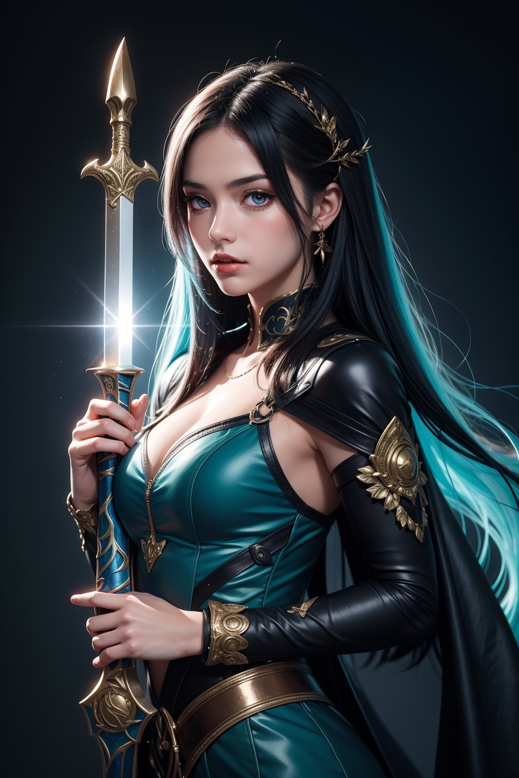 ((masterpiece, best quality)),a girl holding a sword, in the style of dark azure and light azure, mixes realistic and fantastical elements, vibrant manga, uhd image, glassy translucence, vibrant illustrations。