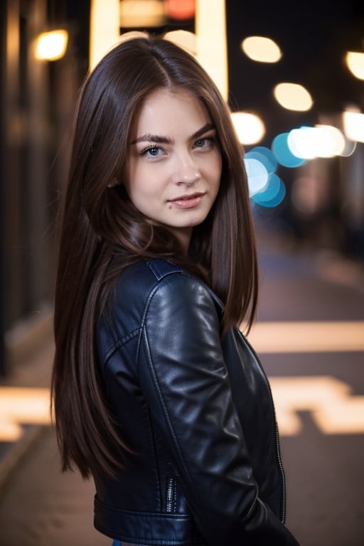 studio photo, facing the camera, wearing a leather jacket, her hair is long and brown, dark blue eyes, wo_flbella01, bokeh, nighttime