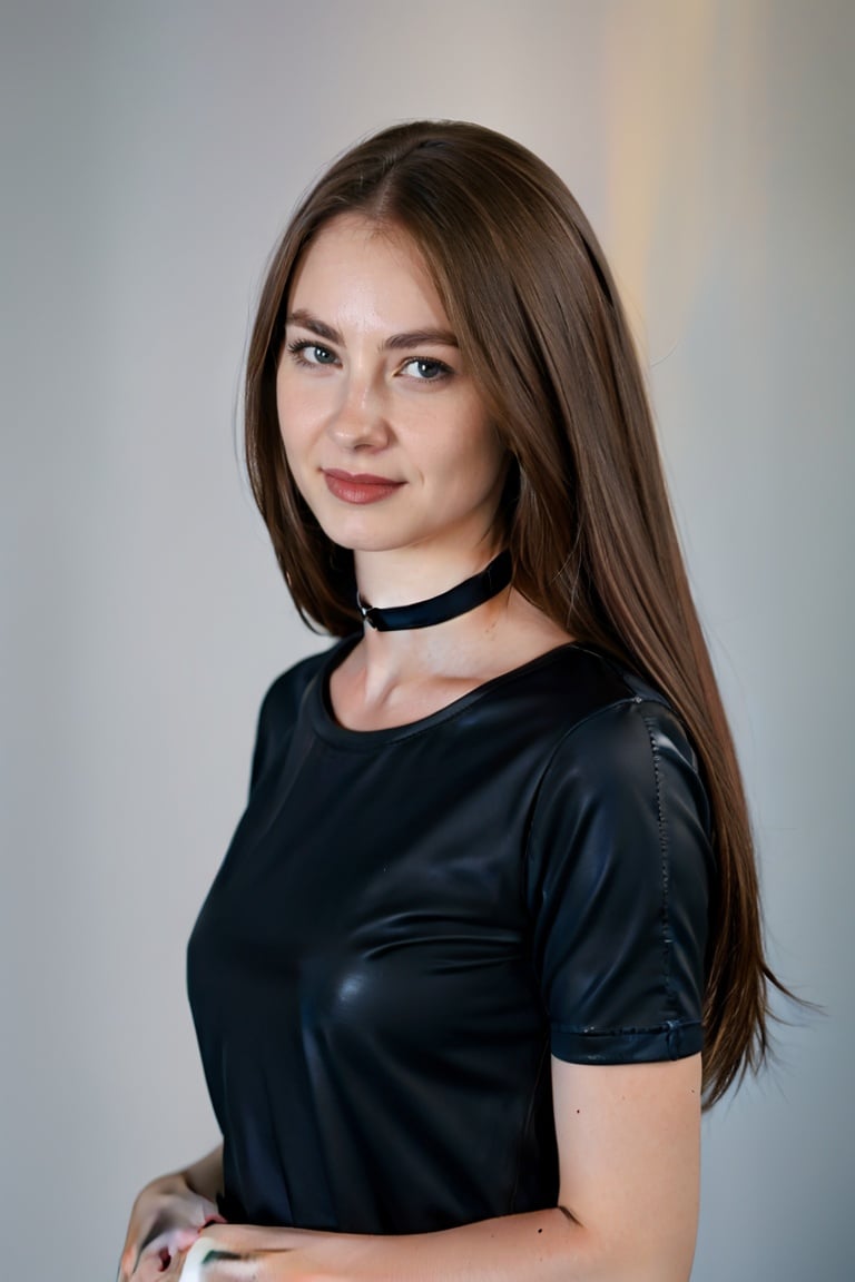 portrait, wearing a black t-shirt and leather choker, her hair long and brown, (dark blue eyes:1.2), wo_flbella01, bokeh, professional, 