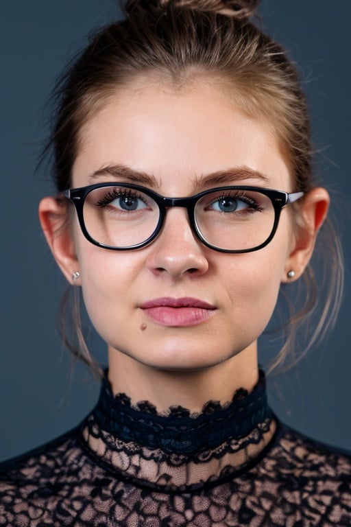 glasses, Sharp Focus, wo_flbella01, (close-up:0.8),  low key lighting, shot on Lumix GH5, cinematic bokeh, lace choker, (dark blue eyes:0.8), (simple background:1.2), teasing, detailed skin