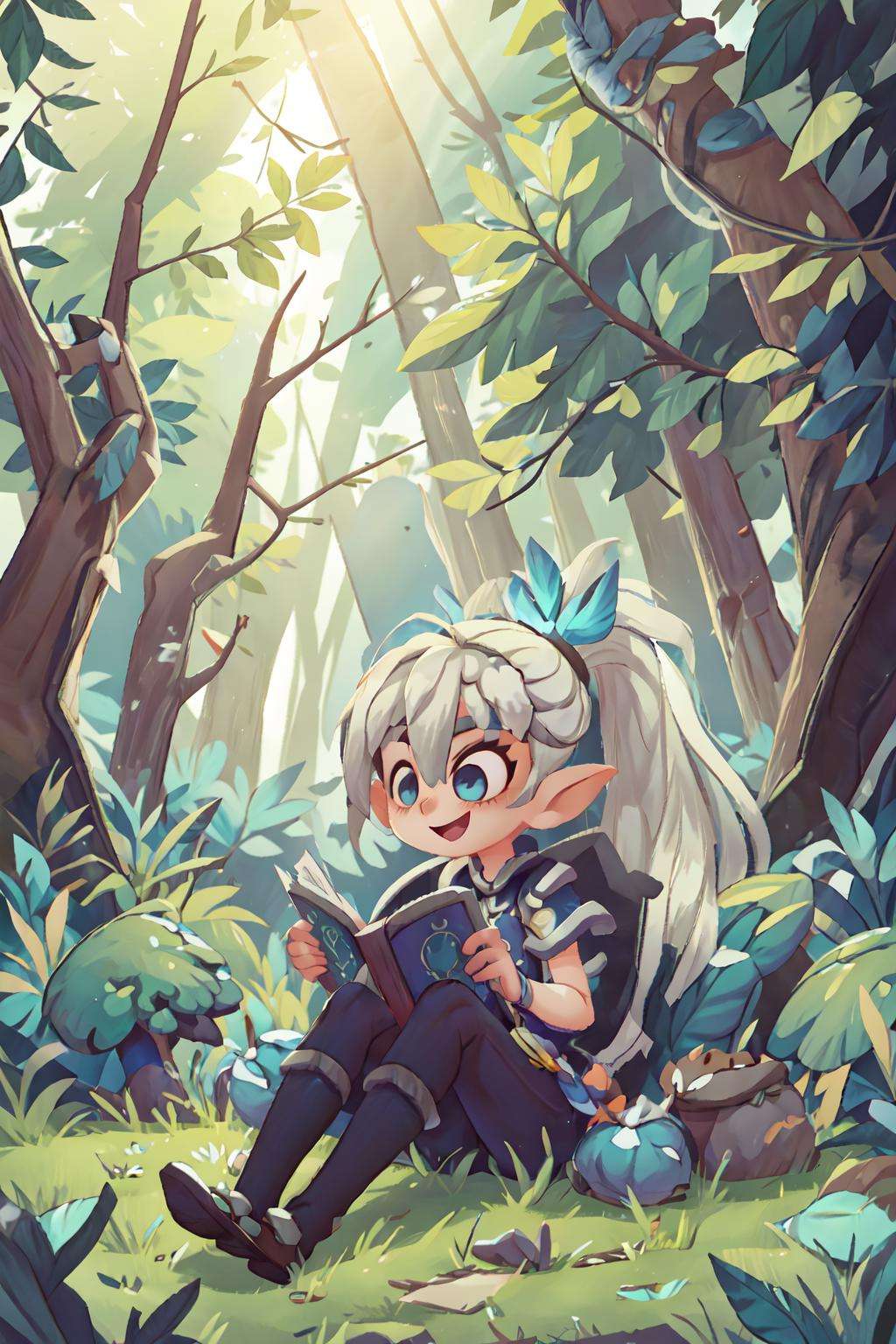 1girl, forest, sitting, reading a book, <lora:COOLKIDS_MERGE_V2.5:1>, <lora:Miya-Moonlight_Archer:1.0>, miya_ma, ponytail, white hair, detailed face, detailed eyes, smile