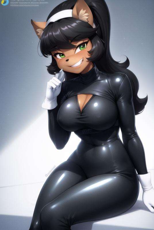 <lora:KittyKatswell:0.6>, kitty katswell, masterpiece, best quality, 1girl, solo, smile, breasts, tail, cleavage, green eyes, sitting, half-closed eyes, animal ears, long hair, white gloves, hand up, teeth, bodysuit, bangs, furry female, looking at viewer, gloves, happy, grin, furry, jacket, boots, white footwear, sidelocks, hairband, body fur, medium breasts, black hair, black jacket, watermark, dark skin, long sleeves, knee boots, shiny, pants, dark-skinned female, head tilt, black bodysuit, outline, animal nose, ponytail, indoors, blue background