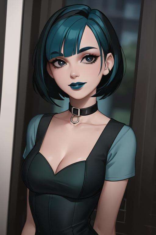 <lora:gwen_(total_drama)v2:0.8>, gwen(total drama), masterpiece, best quality, 1girl, solo, blue lips, looking at viewer, breasts, short hair, makeup, black eyes, collar, upper body, arms behind back, choker, smile, bangs, blue hair, collarbone, lipstick, black lips, dress, black choker, cleavage, black collar green hair, 