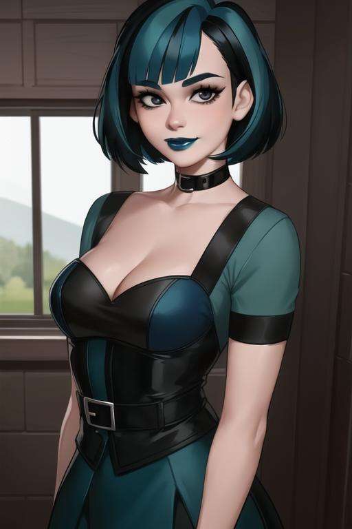 <lora:gwen_(total_drama)v2:0.8>, gwen(total drama), masterpiece, best quality, 1girl, solo, blue lips, looking at viewer, breasts, short hair, makeup, black eyes, collar, upper body, arms behind back, choker, smile, bangs, blue hair, collarbone, lipstick, black lips, dress, black choker, cleavage, black collar green hair, 