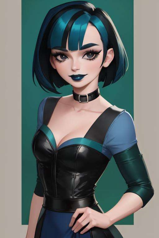 <lora:gwen_(total_drama)v2:0.8>, gwen(total drama), masterpiece, best quality, 1girl, solo, blue lips, looking at viewer, breasts, short hair, makeup, black eyes, collar, upper body, arms behind back, choker, smile, bangs, blue hair, collarbone, lipstick, black lips, dress, black choker, cleavage, black collar green hair,