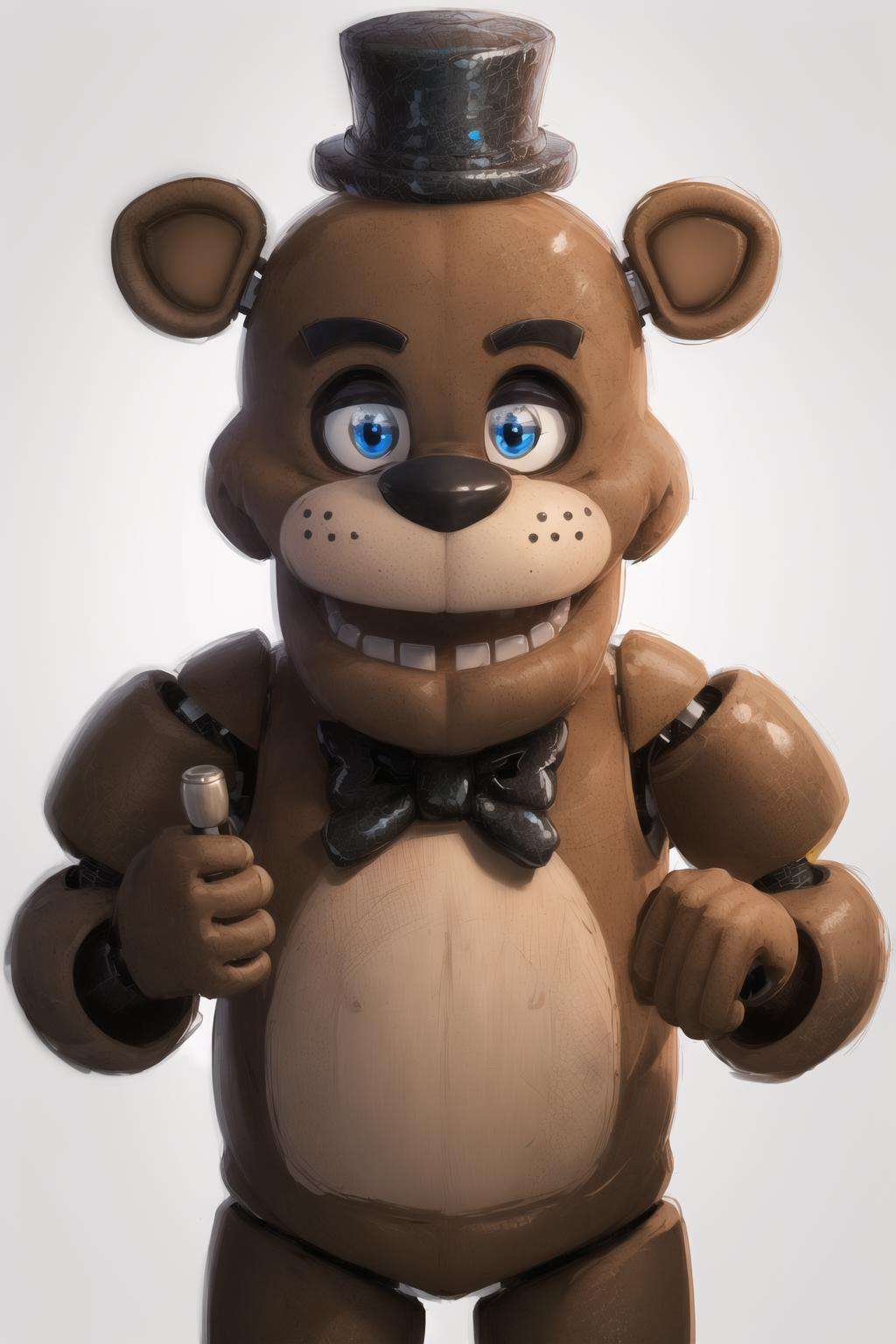 (masterpiece, best quality:1.2),  <lora:freddy_fazbear:.95>, freddy fazbear, hat, top hat, bow, 1boy, solo, male focus, bowtie, furry male, no humans, portrait, blue eyes, mini hat, robot, standing, black bow, grin, furry, smile, teeth, animal ears, black bowtie, black headwear, joints, mini top hat 