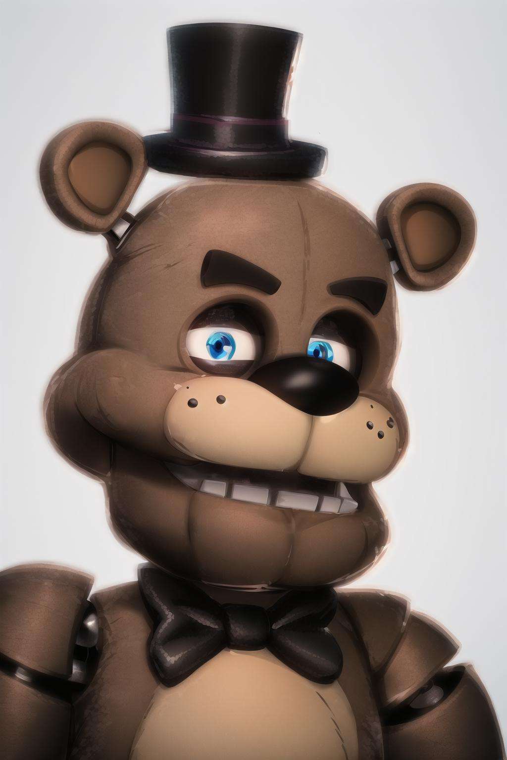 (masterpiece, best quality:1.2),  <lora:freddy_fazbear:.95>, freddy fazbear, hat, top hat, bow, 1boy, solo, male focus, bowtie, furry male, no humans, portrait, blue eyes, mini hat, robot, standing, black bow, grin, furry, smile, teeth, animal ears, black bowtie, black headwear, joints, mini top hat 