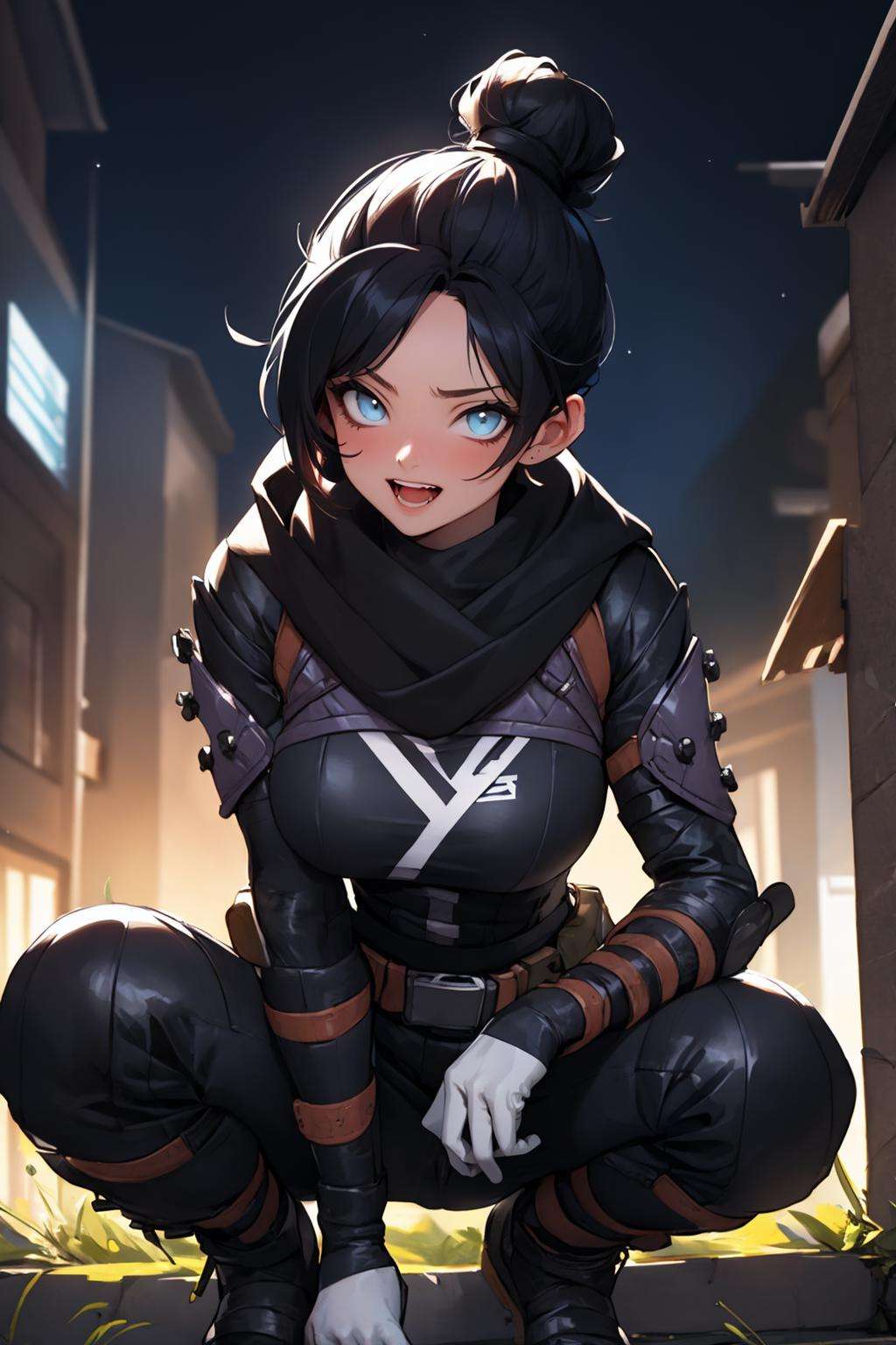 (masterpiece, best quality:1.2),  <lora:wraith_(apex_legends):.9>, wraith (apex legends), 1girl, solo, single hair bun, hair bun, bodysuit, scarf, black bodysuit, holding, breasts, black hair, black scarf, large breasts, blue eyes, belt, brown belt, bangs, parted bangs, hair behind ear, gloves, nose piercing, black gloves, thigh strap, squatting, open mouth, smile, looking at viewer, outdoors, night, fog, sitting in tree, 