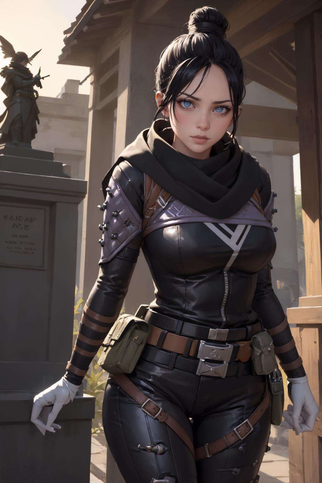 (masterpiece, best quality:1.2),  <lora:wraith_(apex_legends):.9>, wraith (apex legends), 1girl, solo, single hair bun, hair bun, bodysuit, scarf, black bodysuit, holding, breasts, black hair, black scarf, large breasts, blue eyes, belt, brown belt, bangs, parted bangs, hair behind ear, gloves, nose piercing, black gloves, thigh strap, statue, architecture, shrine, outdoors, red sun