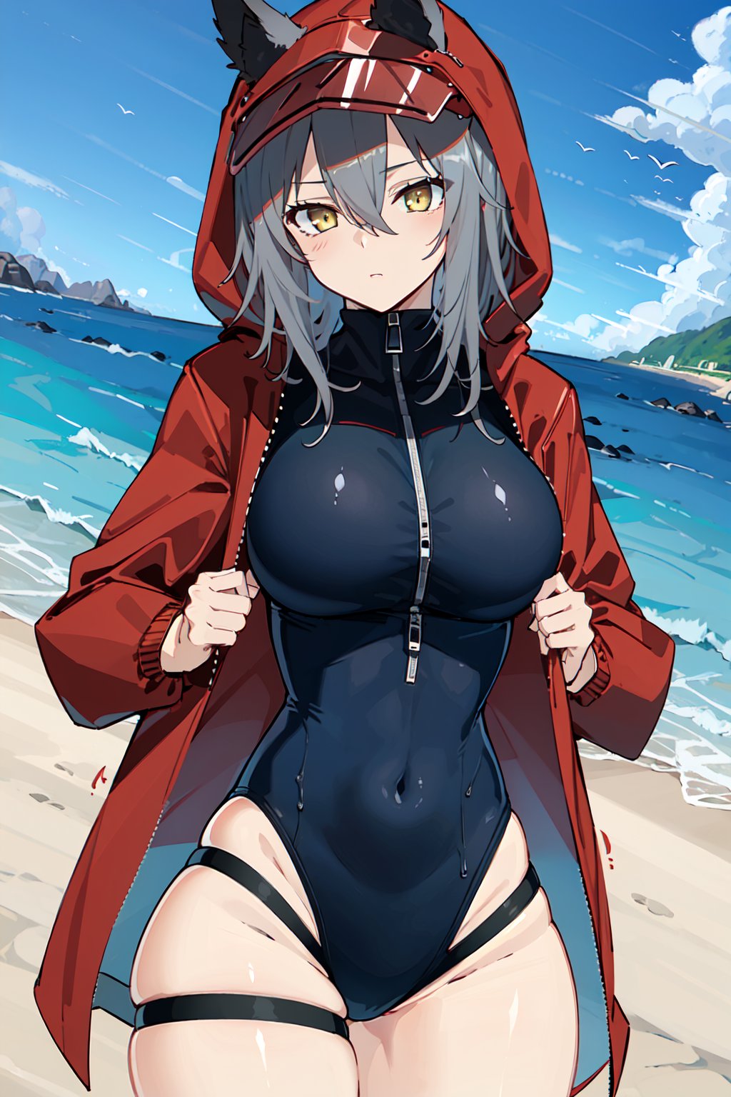 projekt red light breeze,  yellow eyes,  lacket,  hood,  open jacket,  hooded jacket,  red jacket,  black one-piece swimsuit,  thigh strap,  unzipped,  highleg swimsuit,  ears through headwear,  1girl,  solo  breasts,  large breasts masterpirce, best quality, high resolution