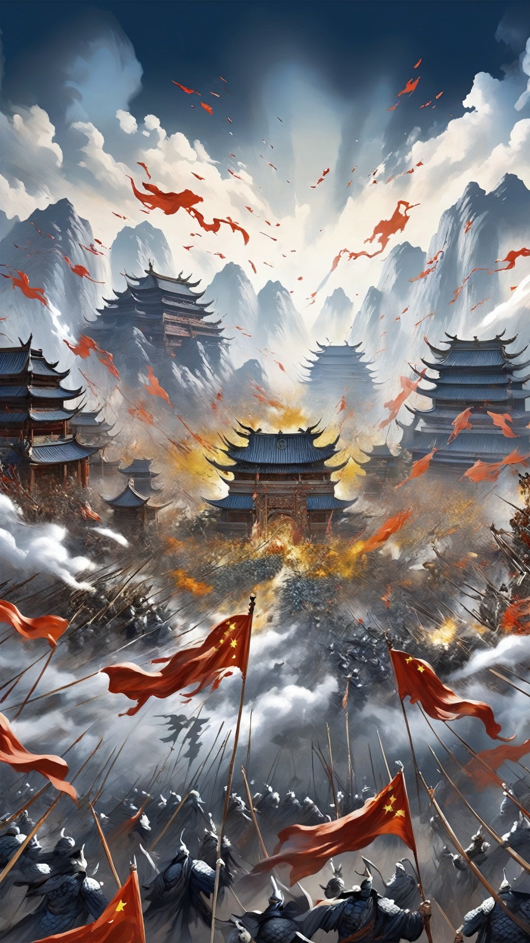 (Chinese fantasy style) (super realistic thick paint) Complex details, the scene depicts a large-scale immortal battle, the front of the immortal arrayed neatly, fairy flags flying, the formation pattern flickering on the ground