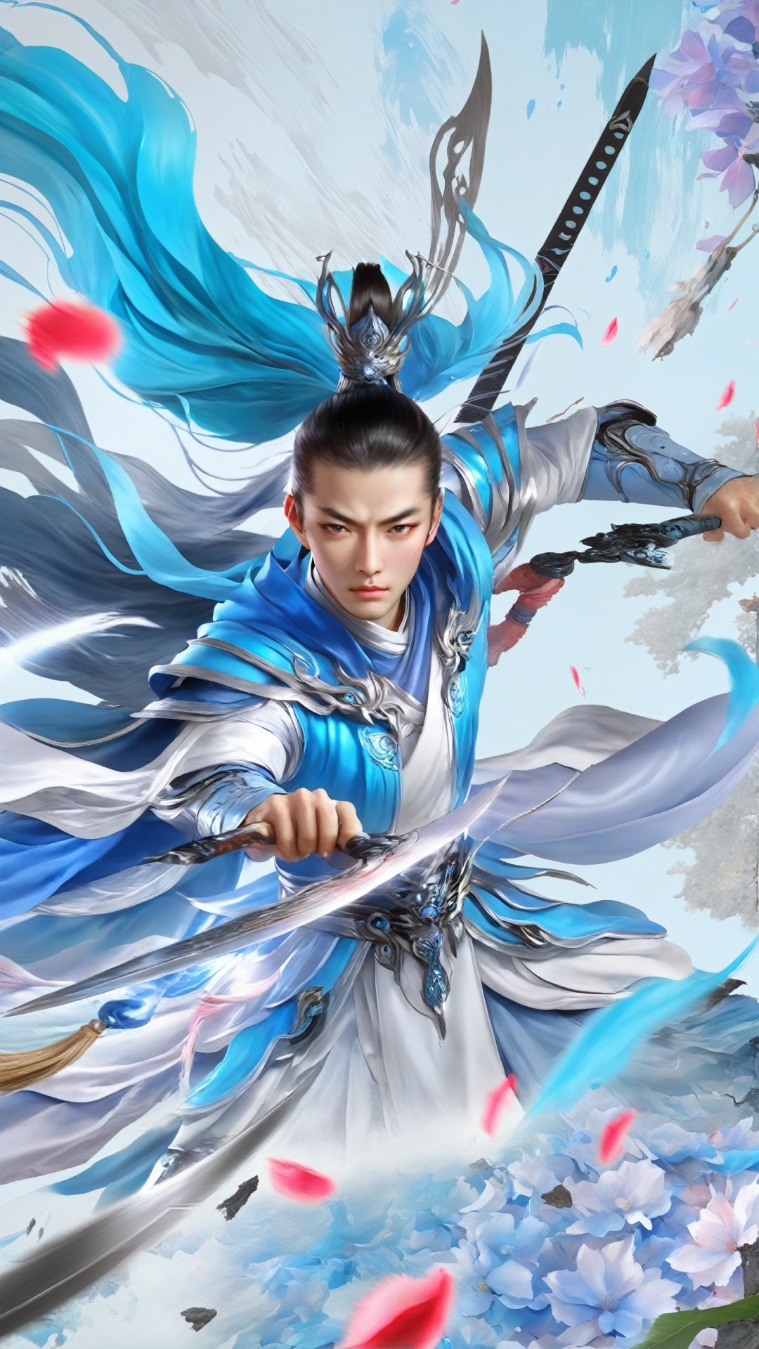 (Chinese fantasy style) (super realistic thick paint) Complex details, Xianxia Academy scene, his eyes focused, one holding a sword, the other pointing to the sky, releasing a blue spell, forming a gorgeous fairy flower, petals slowly falling