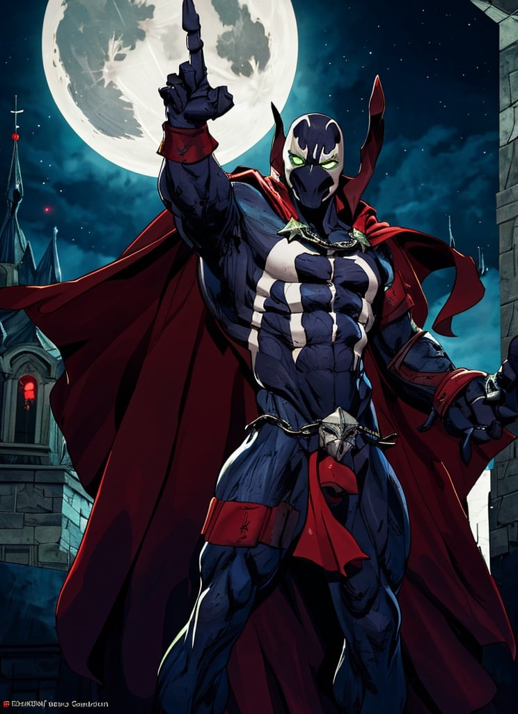 spawn,  chain,  red cape,  glowing eyes,  night,  moon,  glowing,  green eyes,  green fire,  hand up,  sky,  claws,  cloud,  solo,  castle,  night sky,  abs,  intricate details,  masterpiece,  absurdres,  best quality,  cowboy shot,  lora:spawn:0.9, <lora:EMS-39377-EMS:1.000000>