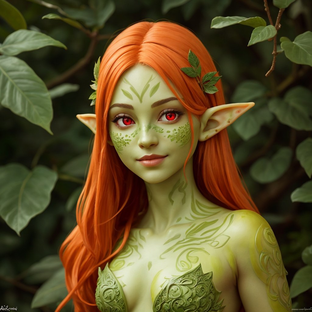 photo of a beautiful dryad girl with (green skin:1.3), elven pointy ears, (orange hair), (chubby cheecks), [slight smile], (with red eyes), very detailed, realistic, intricate, elegant, parted lips, trending on artstation