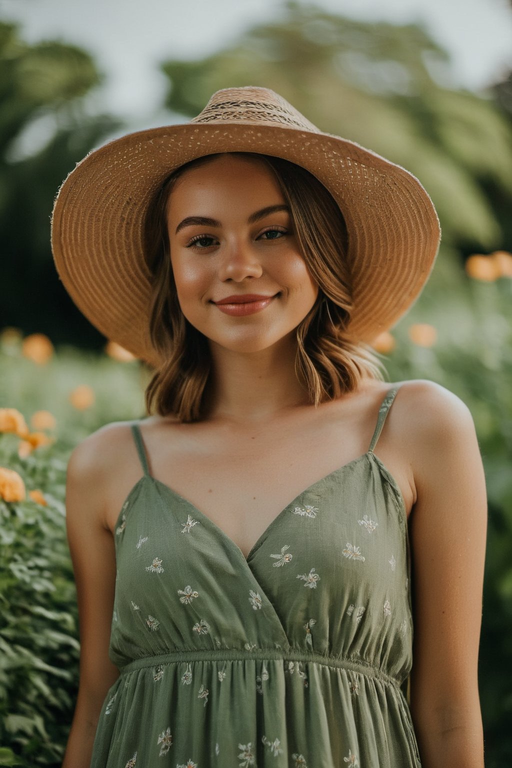 The photo was shot by a Canon EOS Rebel T6 from a high angle. The girl in the photo has a bright smile on her face, with a relaxed and confident pose. She is wearing a flowy summer dress and a straw hat. The natural light creates a soft glow on her face, highlighting her features. The background shows a lush green garden with colorful flowers blooming. The weather is sunny with a few fluffy clouds in the sky. Overall, the photo captures a happy and carefree moment in a beautiful outdoor setting.