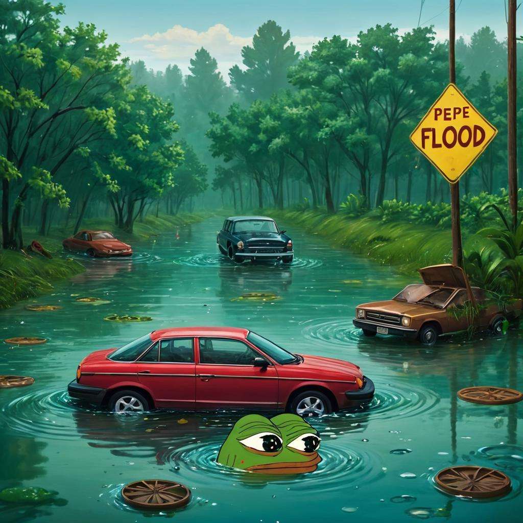 A place taken by a flood with everyday objects floating and cars submerged in the water, (((pepe_frog))), 1 boy <lora:pepe_frog SDXL:1.2> 