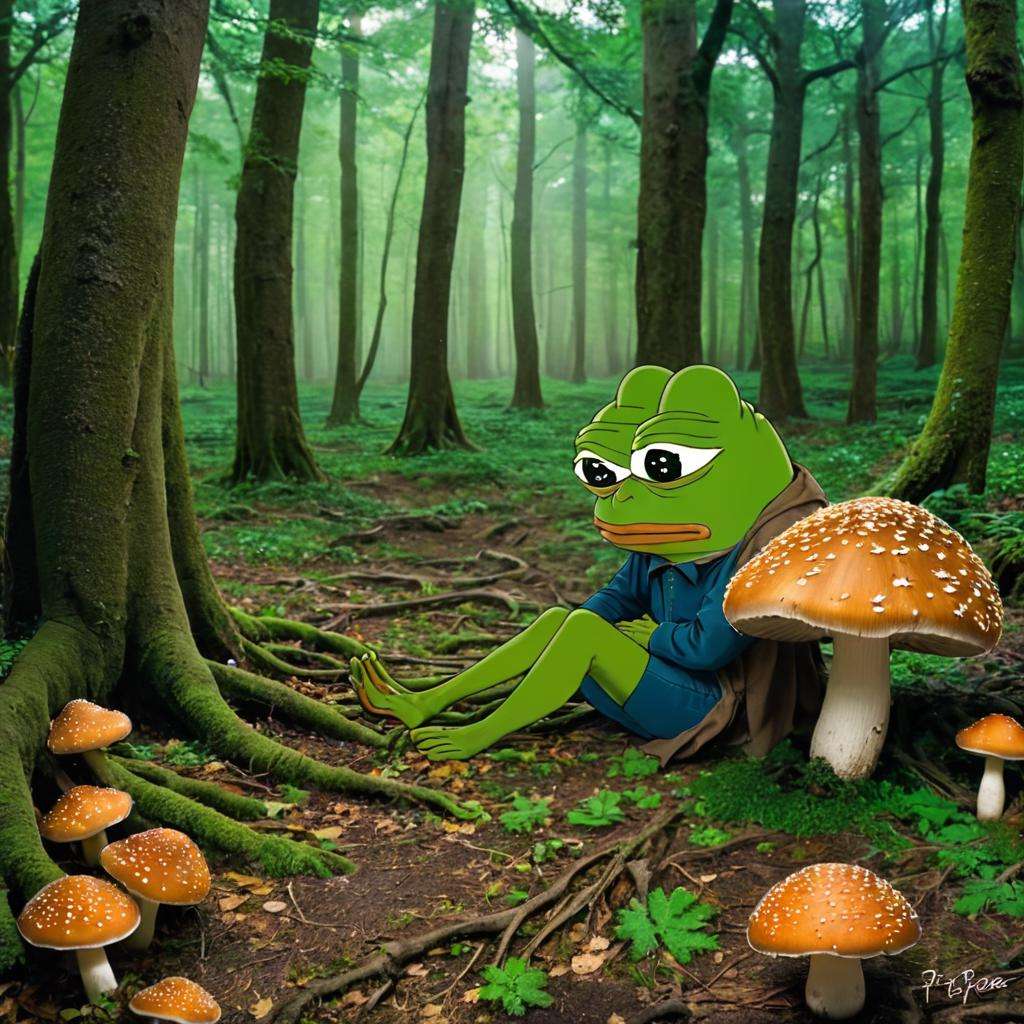 A place taken over by mushrooms and tree roots, (((pepe_frog))), 1 boy <lora:pepe_frog SDXL:1.2> 