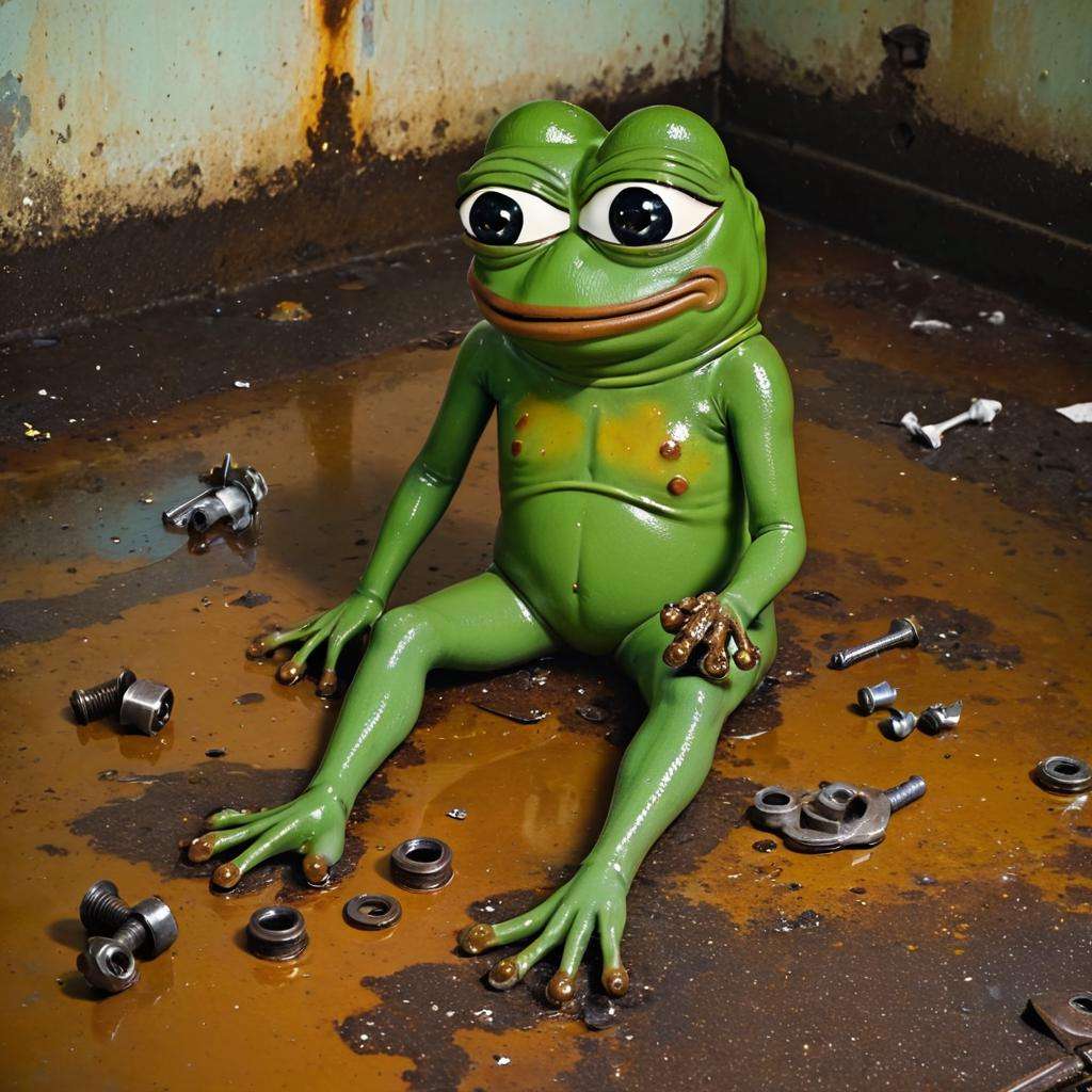 A place with oil stains on the floor with remains of bodywork and screws and a lot of rusty things, (((pepe_frog))), 1 boy <lora:pepe_frog SDXL:1.2> 