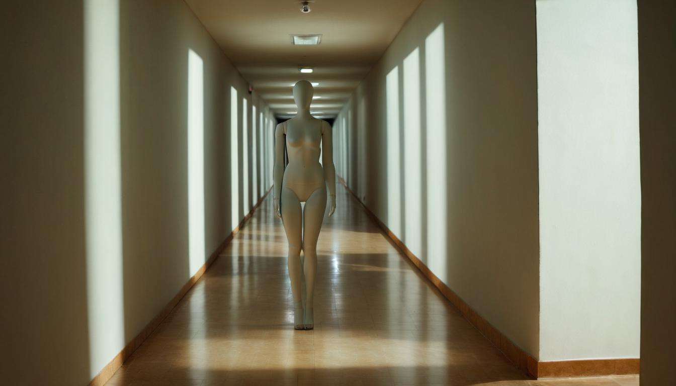 shadow mannequin, symmetrical composition, wide angle interior background, indoors, hallway, <lora:sdxl_liminal_v1-step00003000:1> 