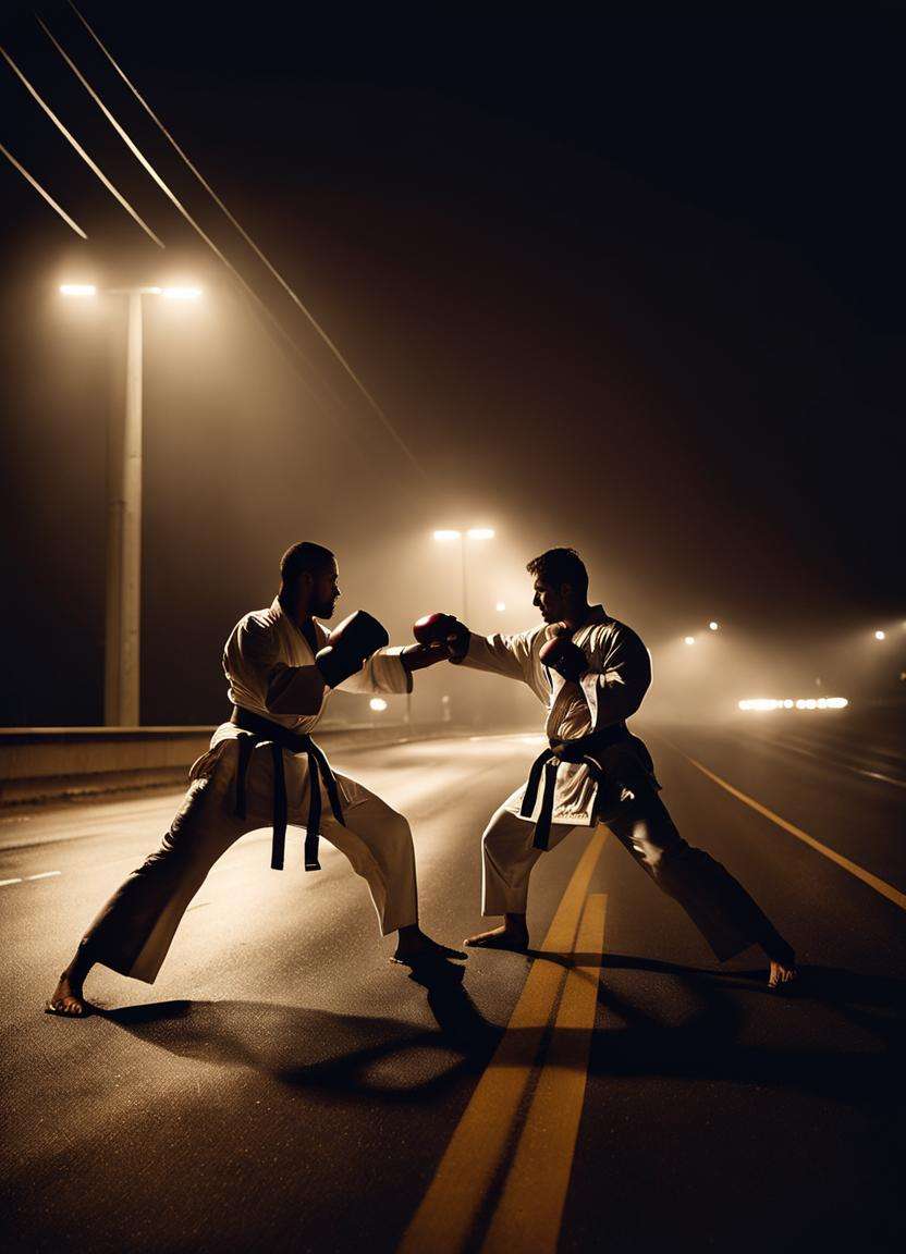 cinematic still of two karate men sparring in the foreground of a POV shot of a late night drive down the highway, wide angle exterior background . sharp focus, very wide angle, highly detailed, high budget, bokeh, cinemascope, moody, film grain, grainy <lora:sdxl_liminal_v1-step00003000:1.0>