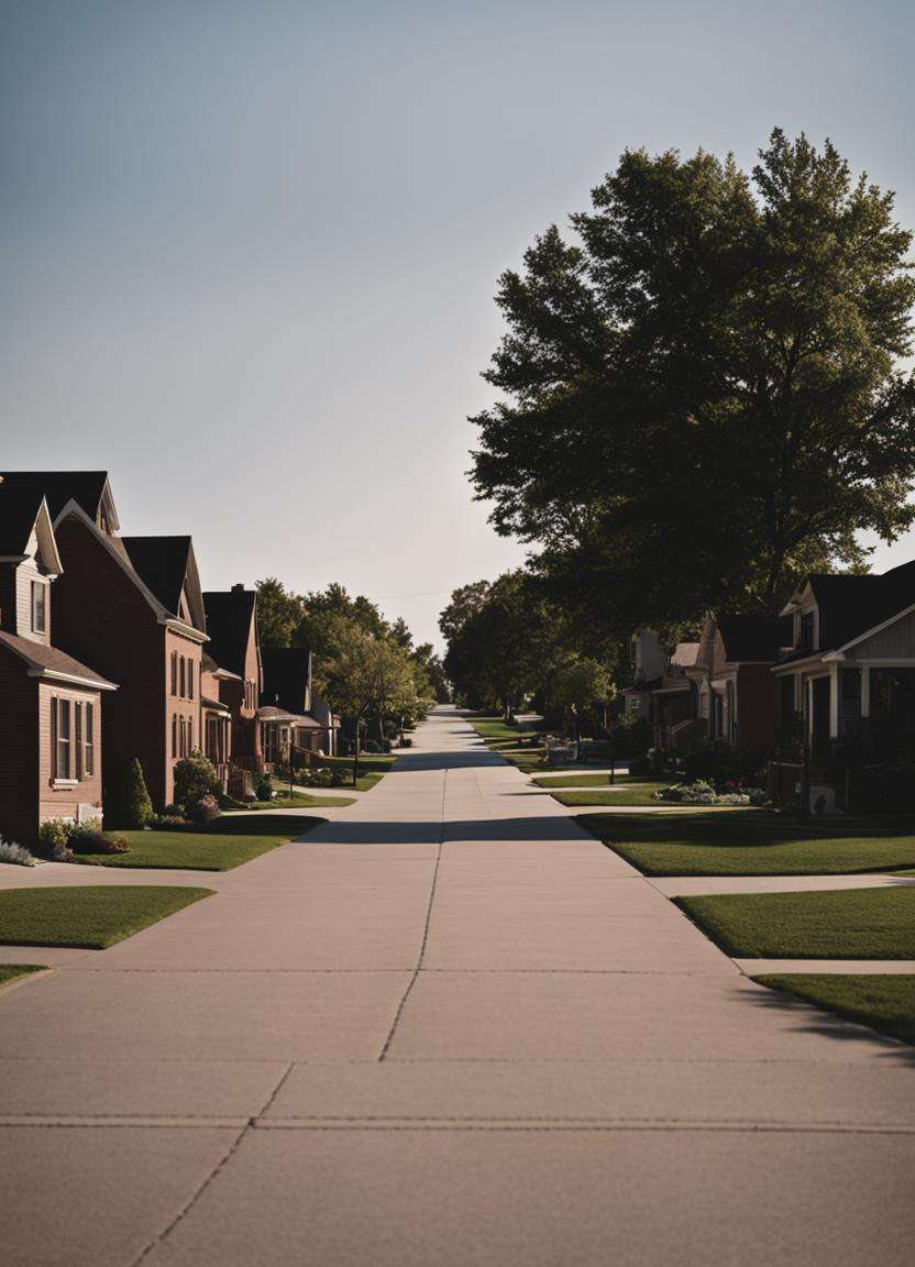 cinematic still POV quiet midwestern suburban culdesac, wide angle exterior background . sharp focus, wide angle, highly detailed, high budget, bokeh, cinemascope, moody, film grain, grainy, symmetrical <lora:sdxl_liminal_v1-step00003000:1.0>