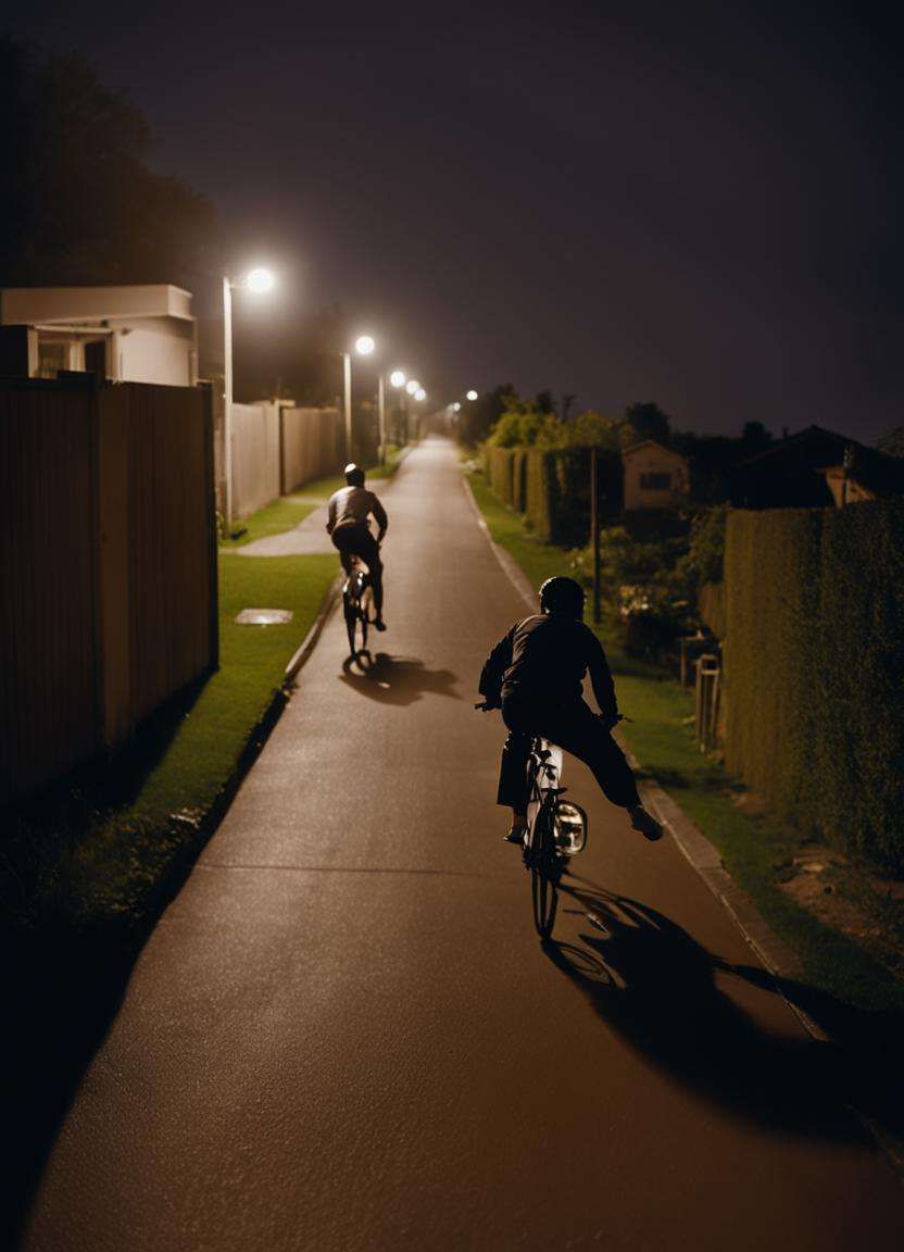 cinematic still of two standing Judo Nage Waza Harai Goshi in the foreground of a POV shot of a midnight residential paved bike trail surrounded by homes, wide angle exterior background . sharp focus, very wide angle, highly detailed, high budget, bokeh, cinemascope, moody, film grain, grainy <lora:sdxl_liminal_v1-step00003000:1.0>