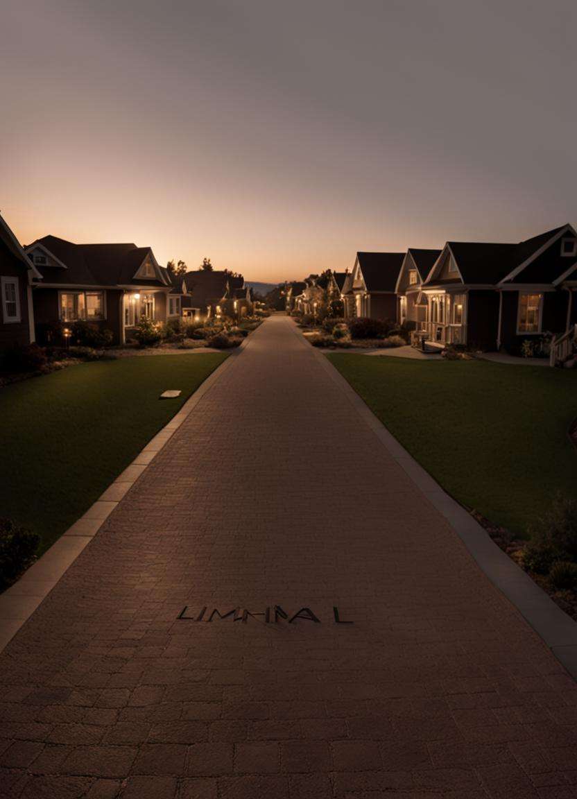 cinematic still of hyperrealistic text that says "LIMINAL" in the foreground of a POV shot of a midnight residential paved bike trail surrounded by homes, wide angle exterior background . sharp focus, very wide angle, highly detailed, high budget, bokeh, cinemascope, moody, film grain, grainy <lora:sdxl_liminal_v1-step00003000:1.0>