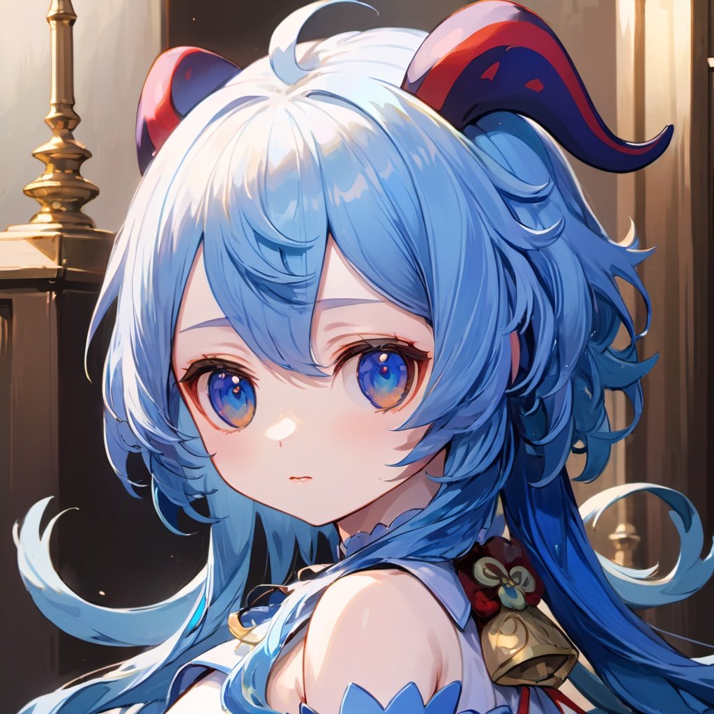 ((best quality)), ((masterpiece)), ((ultra-detailed)), (illustration), (detailed light), (an extremely delicate and beautiful),((trim)),
1girl,horns,blue hair,fumo (doll)