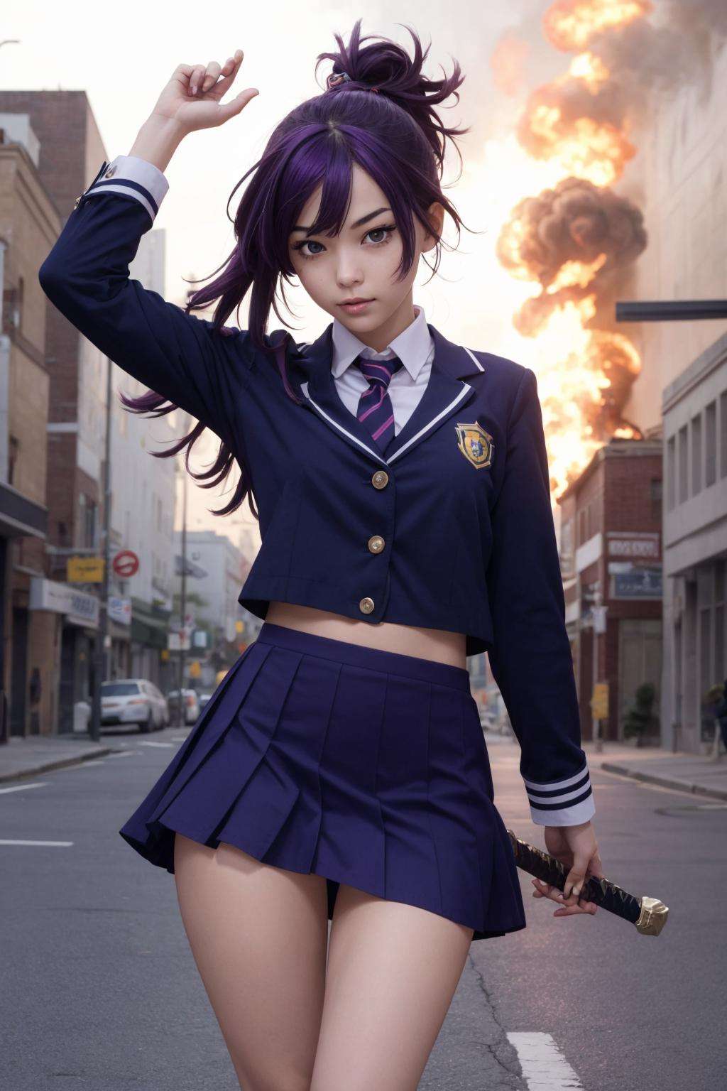 A sexy girl slash her sword in her school girl uniform. Her hair is purple,  skirt is torn. Her skirt fly high and her feet jumping apart. The street is on fire behind her, standing, holding a sword, leg_spread, panty pull, <lora:EMS-35027-EMS:1.100000>, , <lora:EMS-3930-EMS:0.800000>, , <lora:EMS-22670-EMS:0.700000>