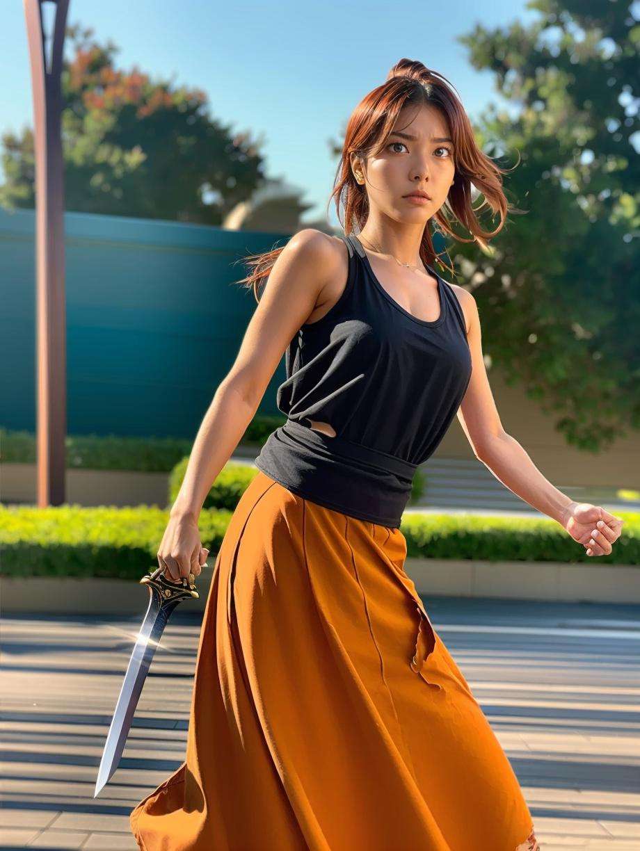 Very Tan skin girl with orange hair using sword to fight. Her face is serious and she is trying to kick to the viewer. She wear orange shirt and black skirt. The skirt is torn after many fights. She looks tired and sweat. Yoruichi_Bleach,  iu, soominn_jo, <lora:EMS-32412-EMS:0.900000>, , <lora:EMS-16246-EMS:0.500000>, , <lora:EMS-31228-EMS:0.600000>