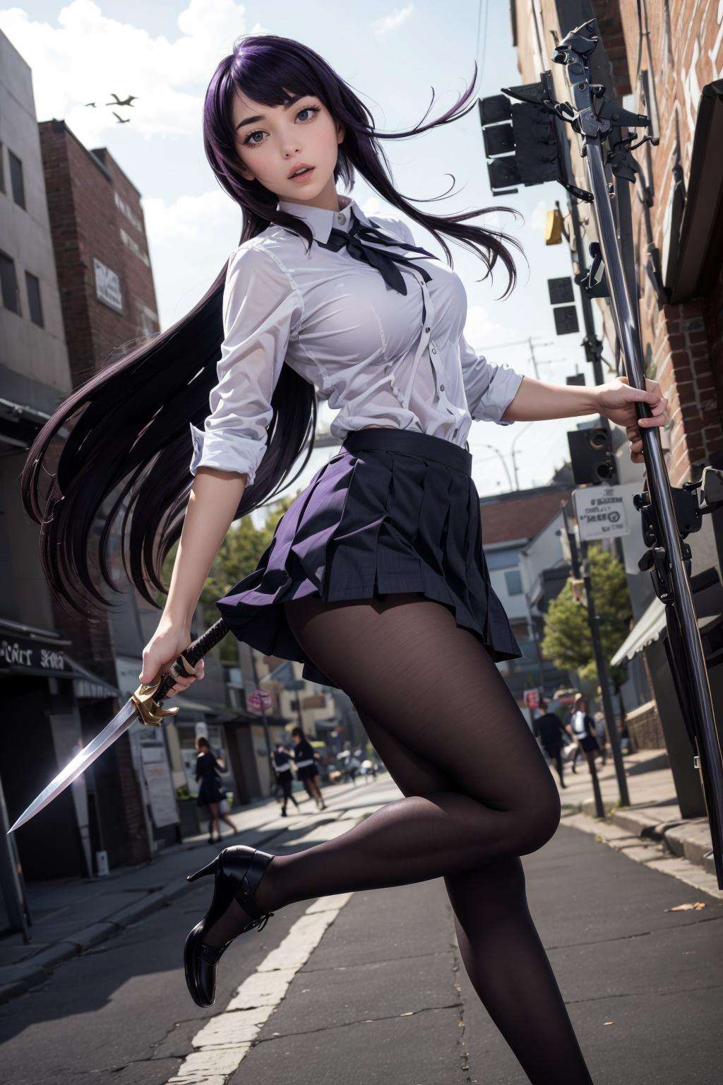 A sexy girl attacking by sword in her school girl uniform. Her hair is purple and her clothe torn. She looks sexy and erotic. Her skirt fly high and her feet like jumping. The street is on fire behind her, <lora:EMS-35820-EMS:0.700000>, , <lora:EMS-1896-EMS:0.800000>, , <lora:EMS-35027-EMS:0.900000>