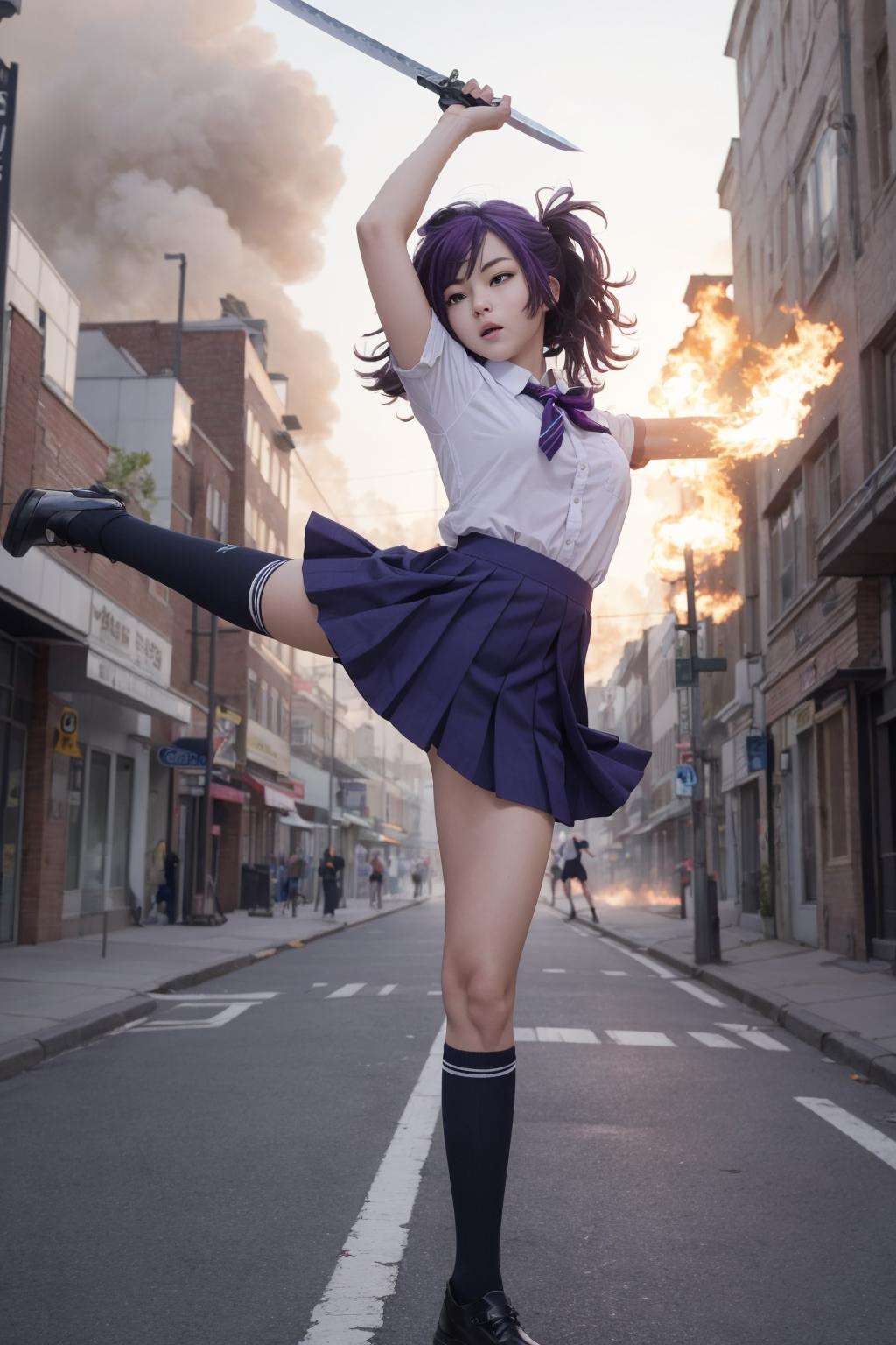 A sexy girl attacking by sword in her school girl uniform. Her hair is purple and her clothe torn. Her skirt fly high and her feet like kicking to the viewer. The street is on fire behind her, standing, holding a sword, leg up, panty pull, <lora:EMS-35027-EMS:0.700000>, , <lora:EMS-3930-EMS:0.900000>, , <lora:EMS-22670-EMS:0.800000>