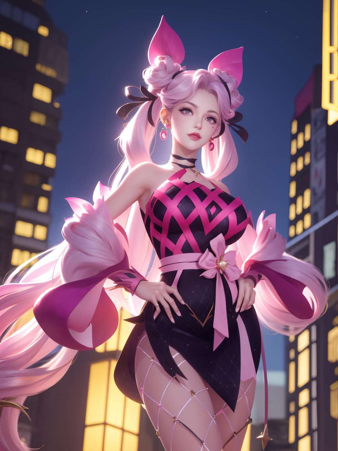 WZRYsunshangxiangQWLR, 1girl, solo,double bun, choker, pink hair,jewelry, facial mark, fishnets, earrings, pink eyes,twintails,bow,hair ornament, bare shoulders,long hair, ribbon, lipstick,pink dress,detached sleeves, <lora:WZRYsunshangxiangQWLR:0.75>,cityscape, night,mature female, looking at viewer, standing, hand on hip, 