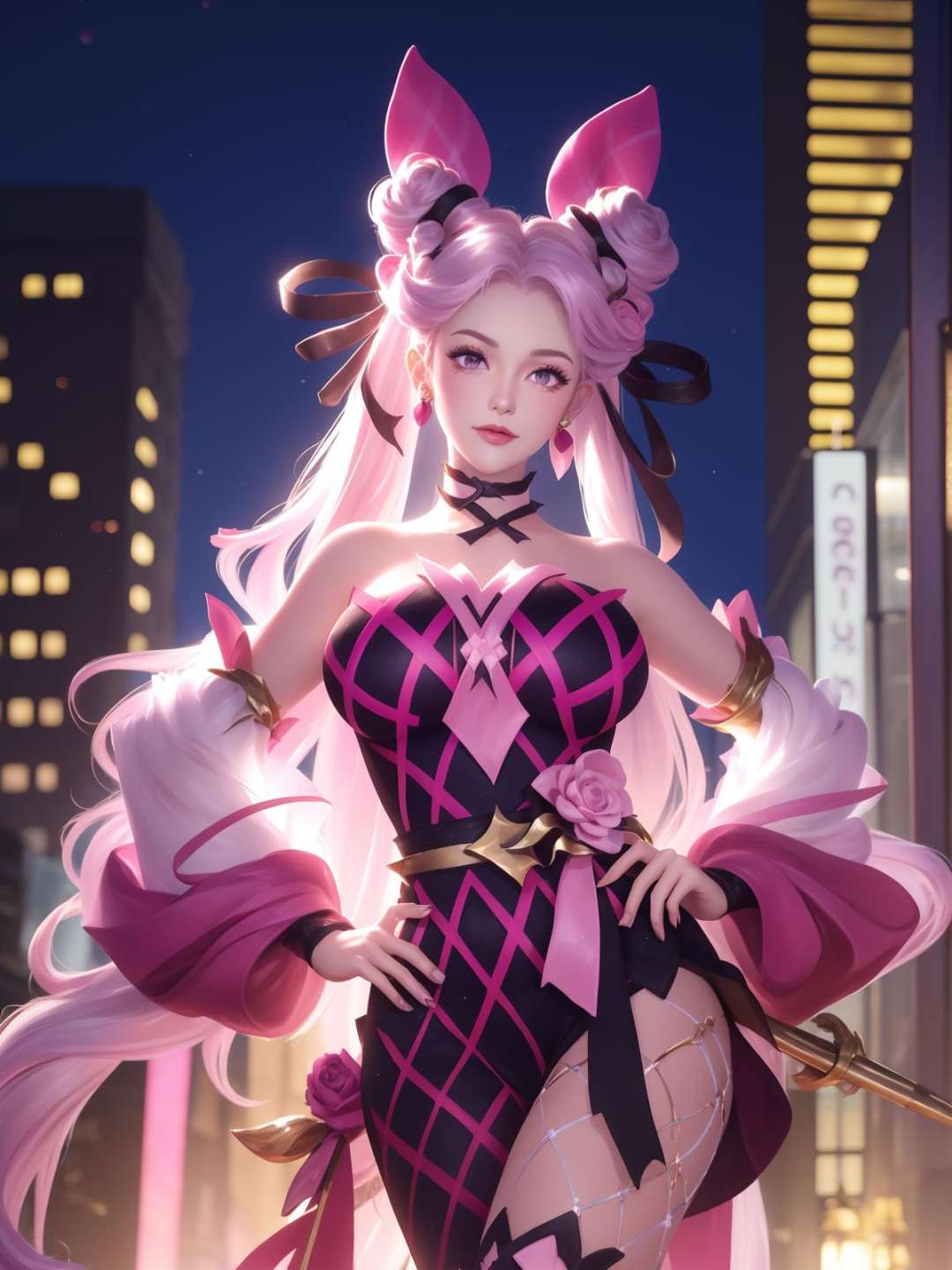 WZRYsunshangxiangQWLR, 1girl, solo,double bun, choker, pink hair,jewelry, facial mark, fishnets, earrings, pink eyes,twintails,bow,hair ornament, bare shoulders,long hair, ribbon, lipstick,pink dress,detached sleeves, <lora:WZRYsunshangxiangQWLR:0.75>,cityscape, night,mature female, looking at viewer, standing, hand on hip, 