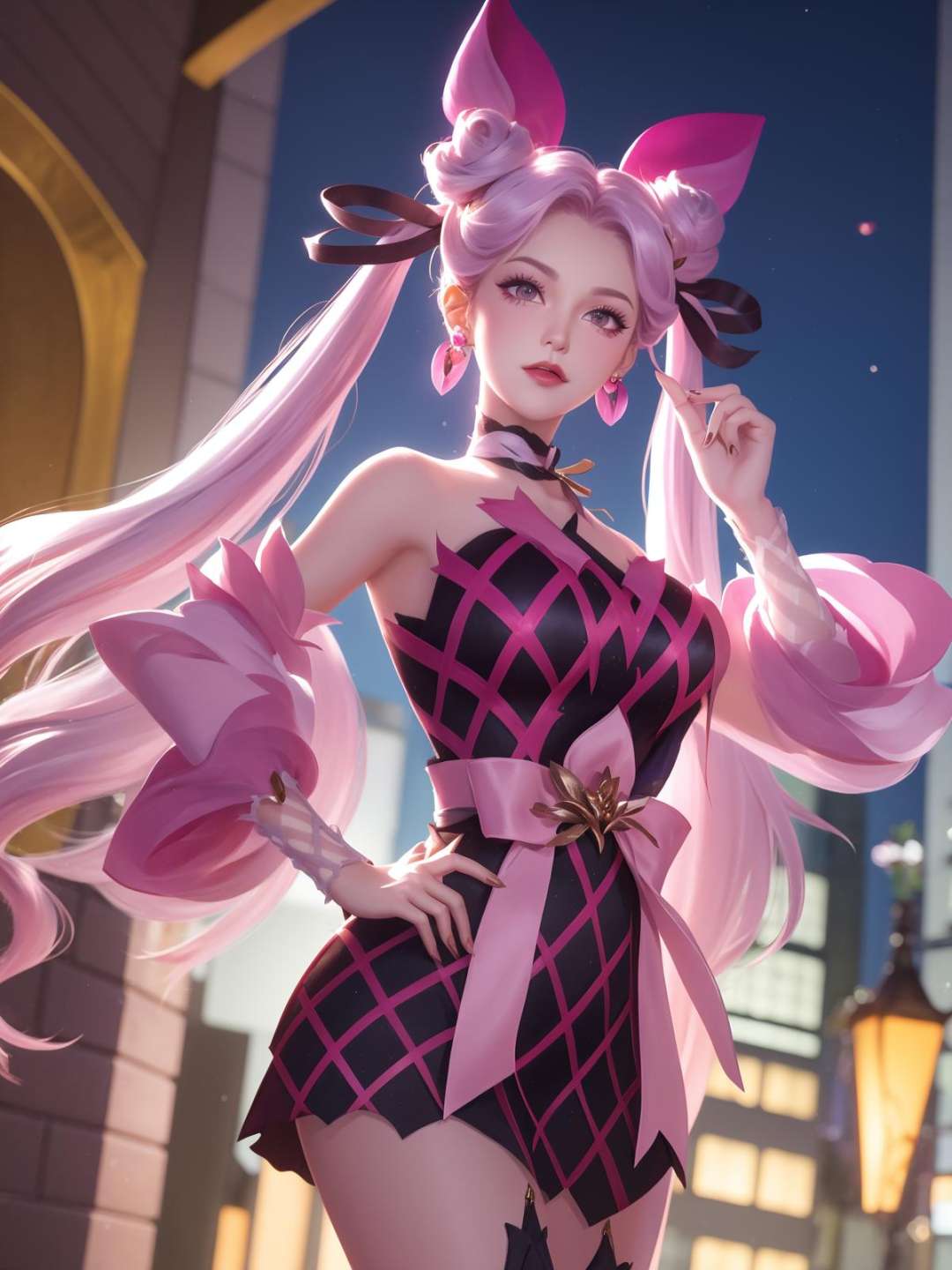 WZRYsunshangxiangQWLR, 1girl, solo,double bun, choker, pink hair,jewelry, facial mark, fishnets, earrings, pink eyes,twintails,bow,hair ornament, bare shoulders,long hair, ribbon, lipstick,pink dress,detached sleeves, <lora:WZRYsunshangxiangQWLR:0.75>,cityscape, night,mature female, looking at viewer, standing, hand on hip, 