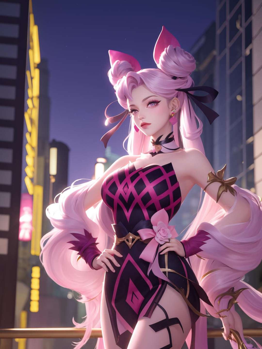 WZRYsunshangxiangQWLR, 1girl, solo,double bun, choker, pink hair,jewelry, facial mark, fishnets, earrings, pink eyes,twintails,bow,hair ornament, bare shoulders,long hair, ribbon, lipstick,pink dress,detached sleeves, <lora:WZRYsunshangxiangQWLR:0.75>,cityscape, night,mature female, looking at viewer, standing, hand on hip, 