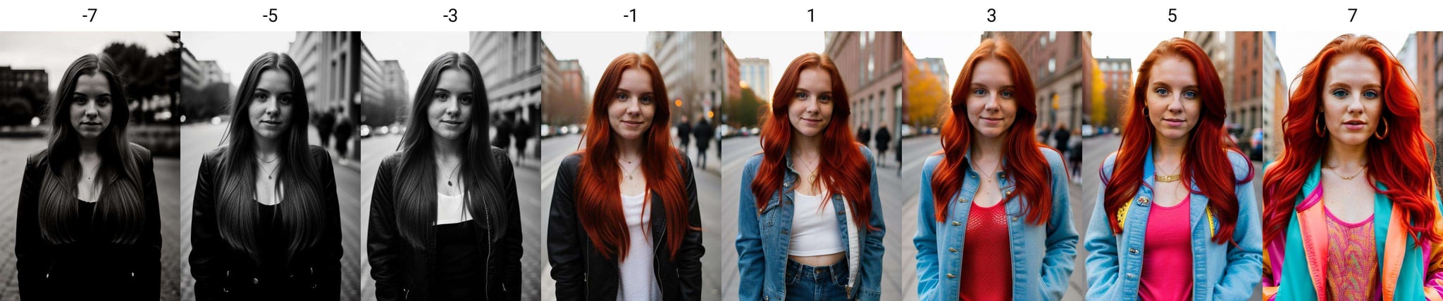 a young white woman,  red hair, long hair, city, detailed background, jacket,<lora:color_slider_v2_000000200:-7>, facing viewer, upper body