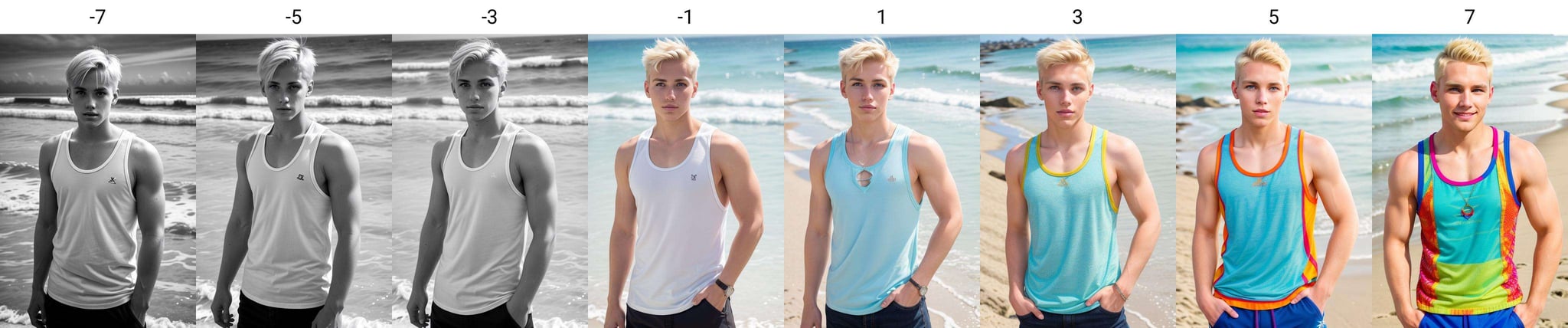 a young white man,  blonde hair, short hair, beach, detailed background, tank top,<lora:color_slider_v2_000000200:-7>, facing viewer, upper body