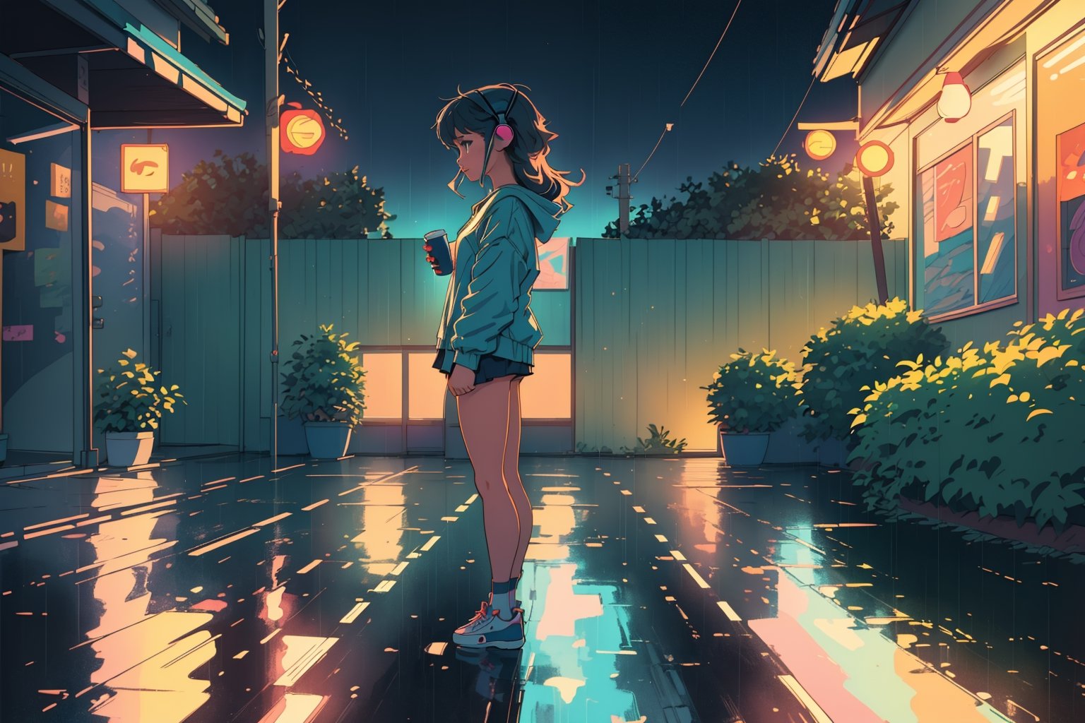 (best quality,4k,8k,highres,masterpiece:1.2),ultra-detailed,(realistic,photorealistic,photo-realistic:1.37),lofi style,girl,headphones,rainy day,flat design,low neon color,detailed eyes,detailed lips,peaceful expression,aesthetic,relaxed pose,soft lighting,cozy atmosphere,light reflections on wet surfaces,subtle raindrops on windows,faded background,noisy vinyl record,casual outfit,comfortable sneakers,inclusive diversity,retro feel,pleasing color gradient,gentle music vibes,jazz playlist,vintage chic,charming simplicity,urban setting,tranquil mood,+1 hour study session,artist's workspace,cup of coffee,bookshelf with vinyl records,artistic notebook and pencil,plants in the room,pleasant scent of rain on the pavement,dim streetlights,silhouette of buildings in the distance,splashes of neon signs,meditative session,beautifully designed album cover,smooth brush strokes,hand-drawn elements,loose geometric shapes,playful pastel hues,calming artwork composition,gentle use of shadows,subtle textural details