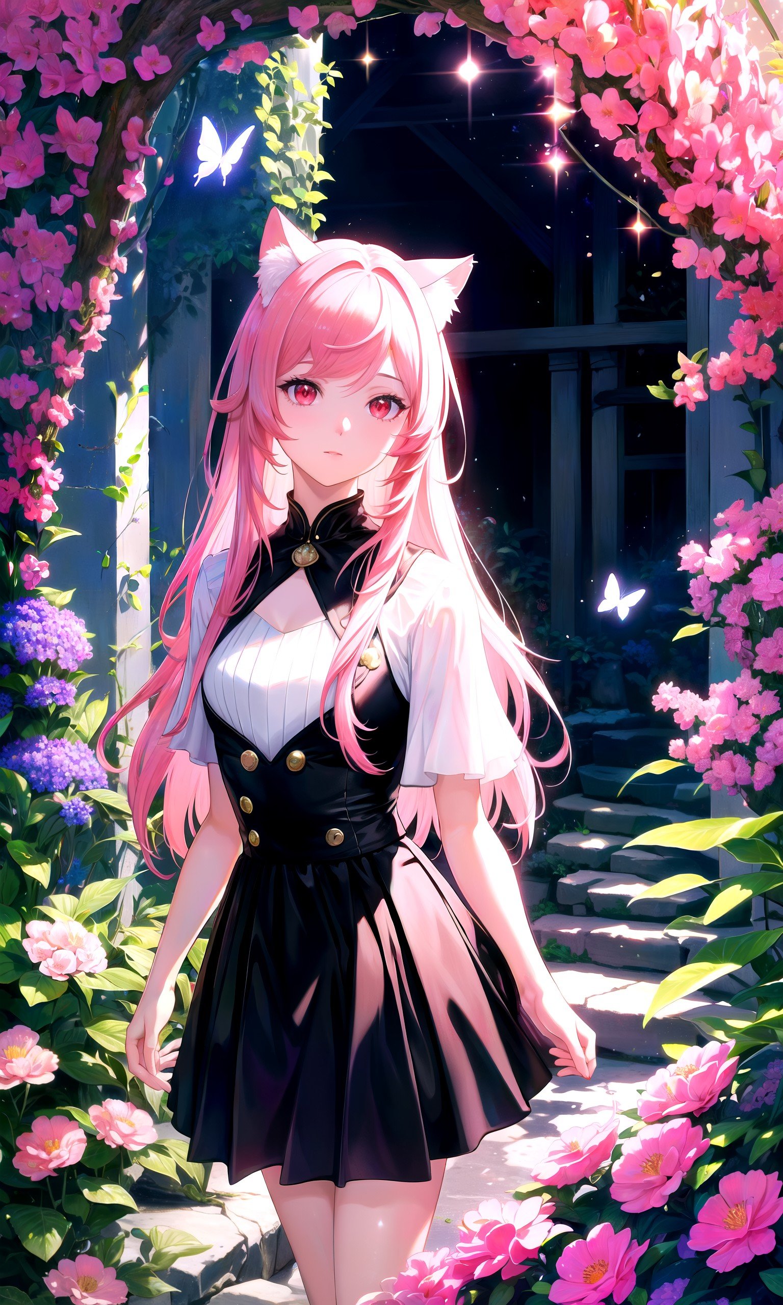 (masterpiece, best quality, highres), 1girl, solo,BREAKflowers, rim lighting, cave, crystals, butterfly, vegetation,lens flare, light scatter, depth of field, lens refraction,BREAKred eyes, pink hair, straight hair hair, cat ears, mature female, black dress, white skirt,