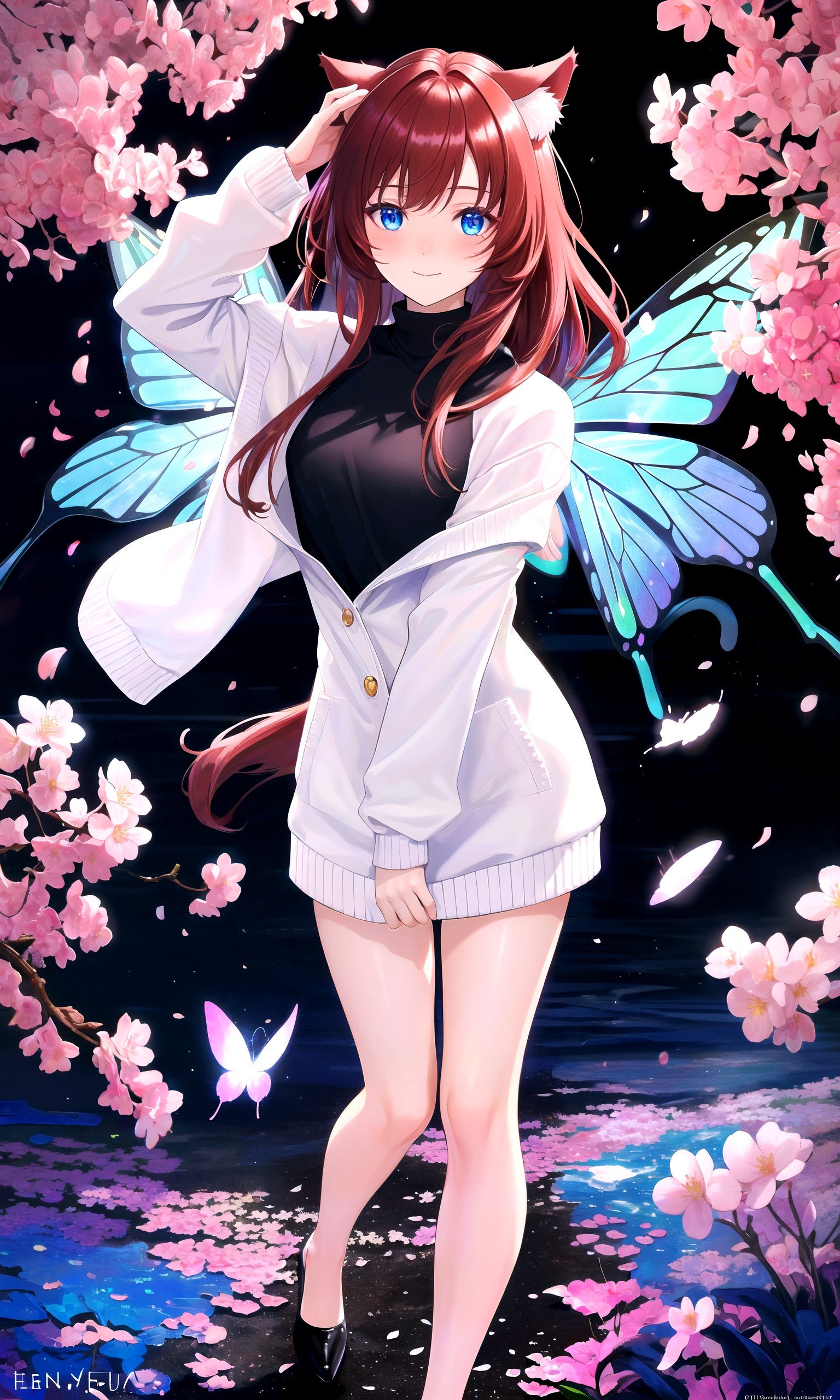 (masterpiece, best quality, highres), 1girl, solo, pov, full body,BREAKblack background, abstract, dark background,flowers, petals, rim lighting, crystals, butterfly, aura, cherry blossoms,lens flare, light scatter, depth of field, lens refraction,BREAKdark red hair, (long hair:0.9), blue eyes, straight hair, cat ears, blush,(medium breasts:0.75), mature female, white sweater, slight smile,