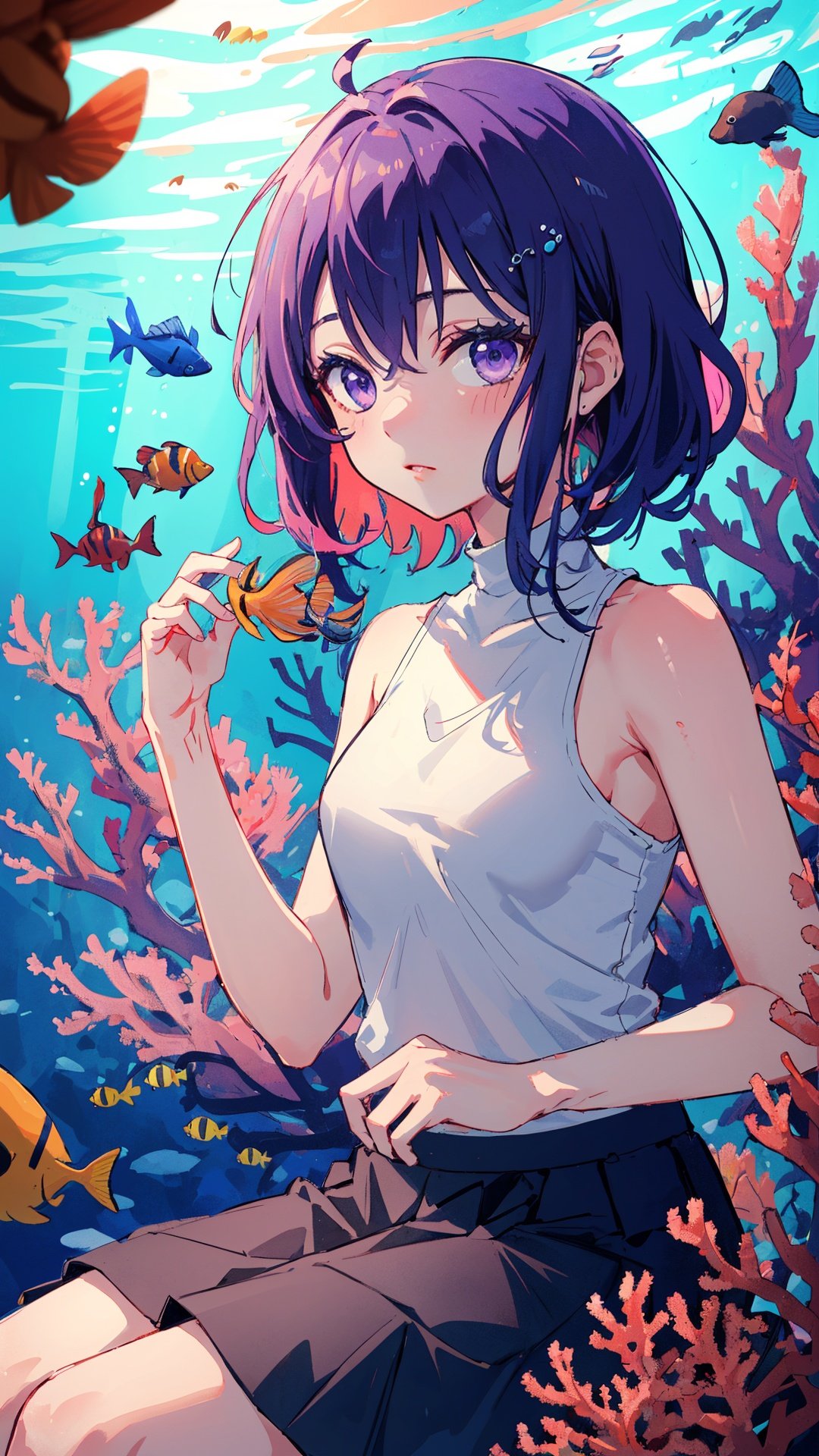 (high quality, best quality, 4k, 2k, (intricate:1.1), (high detail:1.3)), (Dreamy underwater world with colorful coral reefs and tropical fish, depth of field),  (official wallpaper, volumetric lighting, dynamic lighting),
1girl, solo, Pastel Purple hair, Wheat eyes, medium breasts,
Short Messy Hair with Side Part, High-neck sleeveless tank top with a flowy silhouette., Gauze maxi skirt,
Triumphant,
looking at viewer, seated
