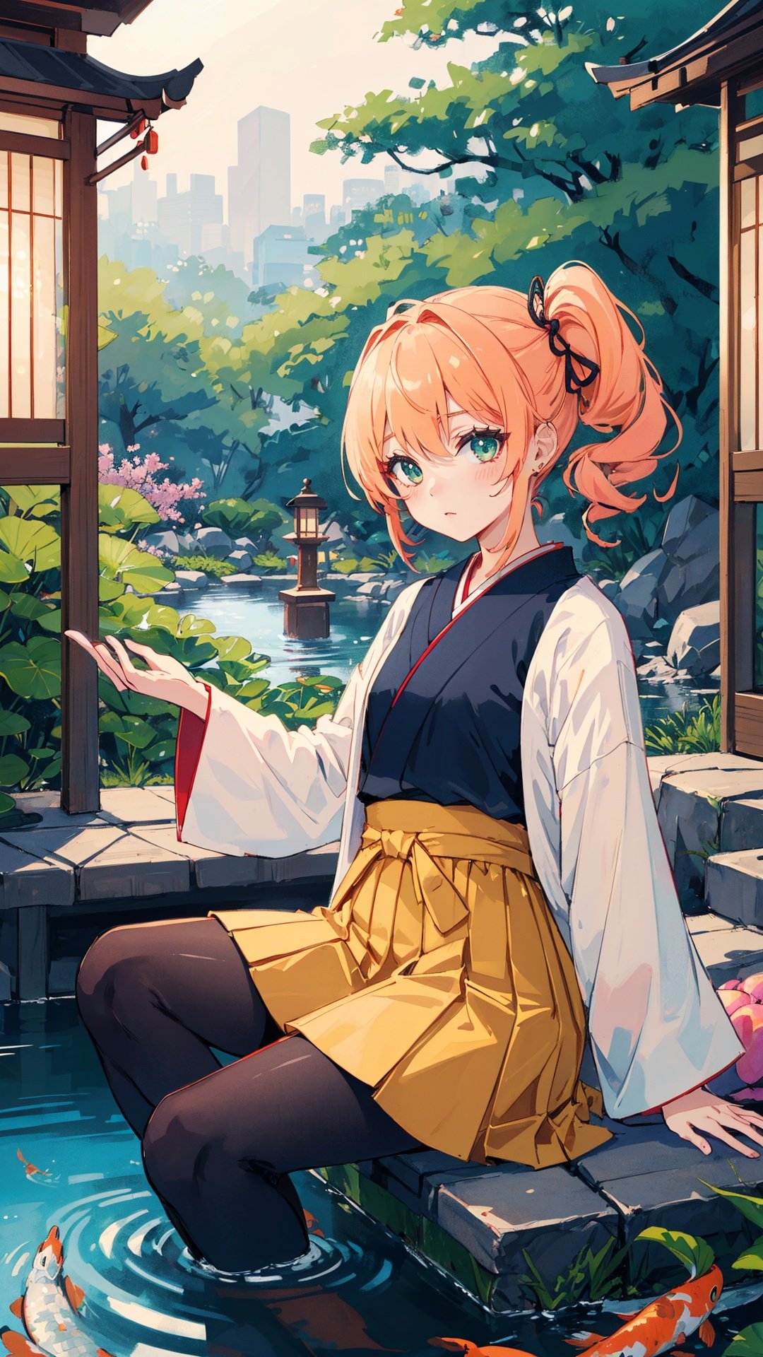 (high quality, best quality, 4k, 2k, (intricate:1.1), (high detail:1.3)), (Tranquil Japanese garden with a koi pond and traditional lanterns, depth of field), (official wallpaper, volumetric lighting, dynamic lighting),
1girl, solo, Pastel Peach hair, Emerald eyes, flat chest,
Pompadour with Hard Part, Mesh long-sleeve top with floral appliques., Mini skirt,
Puzzled,
looking at viewer, seated
