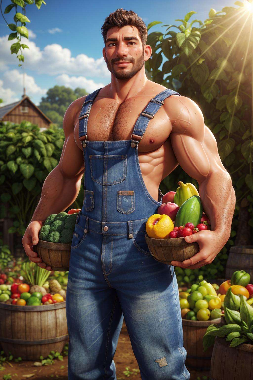 (latino man),  wearing naked overalls,  farming on Tensor.Art
