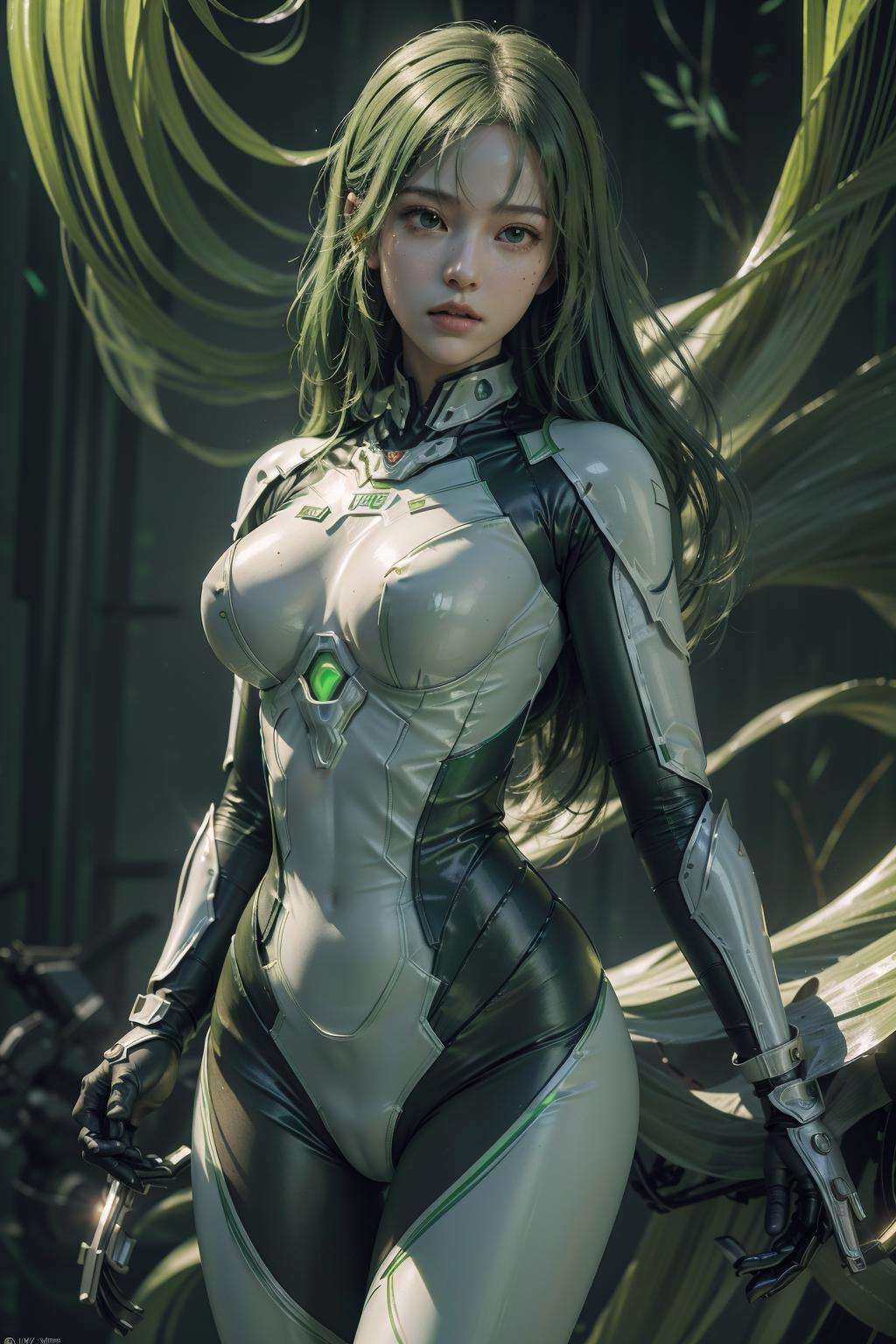 1 girl, delicate features, long flowing hair, slim figure, (wearing a glowing green combat suit :1.5), 3d, (Masterpiece:1.3), (Ultra High quality:1.3), (Super Detail:1.2), (illustration), (Super beautiful background:1.3), beautiful detail glow, amazing, fine detail, very detailed CG, original, (8k_wallpaper:1.2), ridiculous, high resolution, very CG, wallpaper, very detailed CG unified 8k wallpaper, Very fine 8k CG wallpaper, super detail, Super detail,